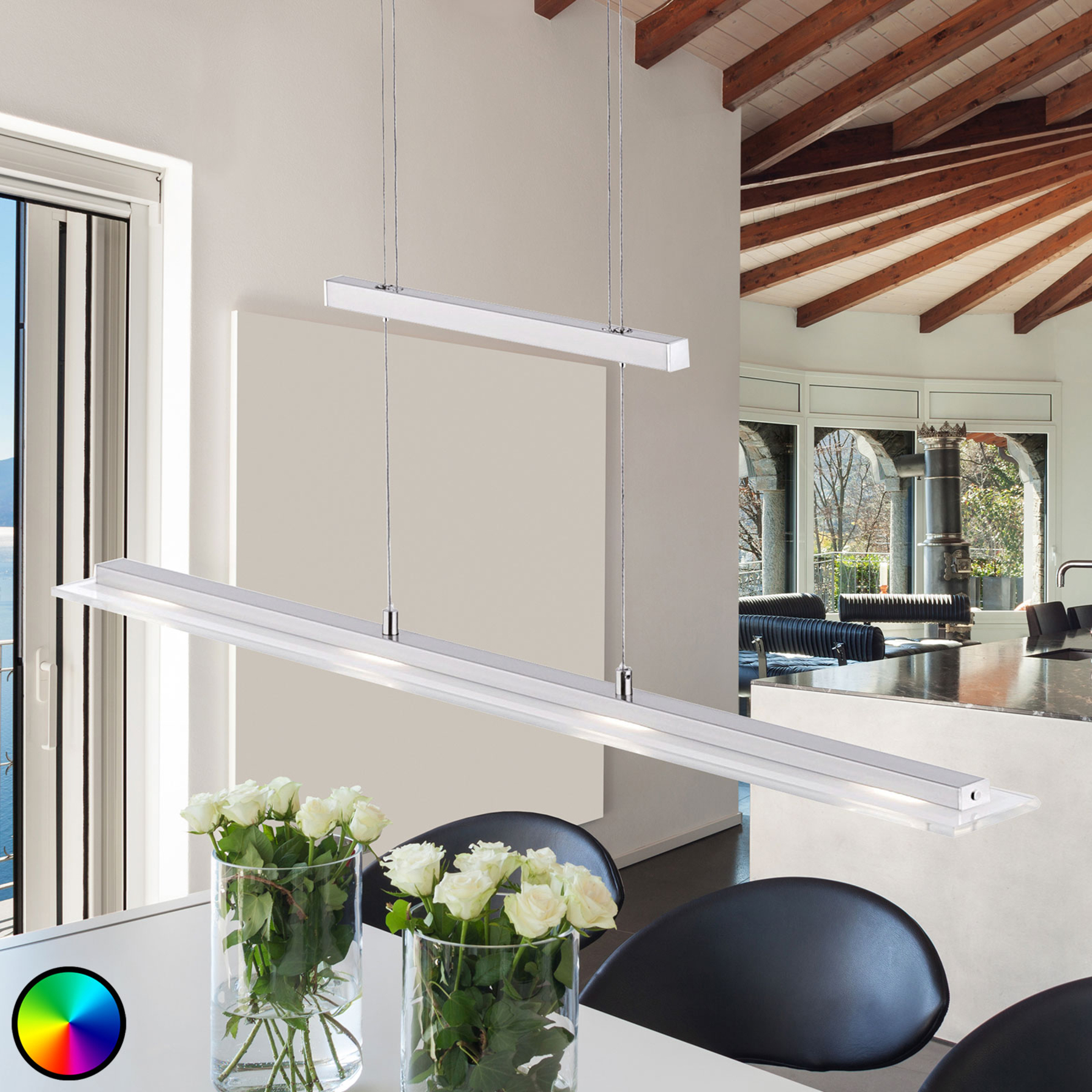 Fischer & Honsel Tenso RGBW LED hanging light with remote control, for Living / Dining Room, metal, glass, 4.7 W, energy efficiency: A+, L: 88 cm, W: 9 cm