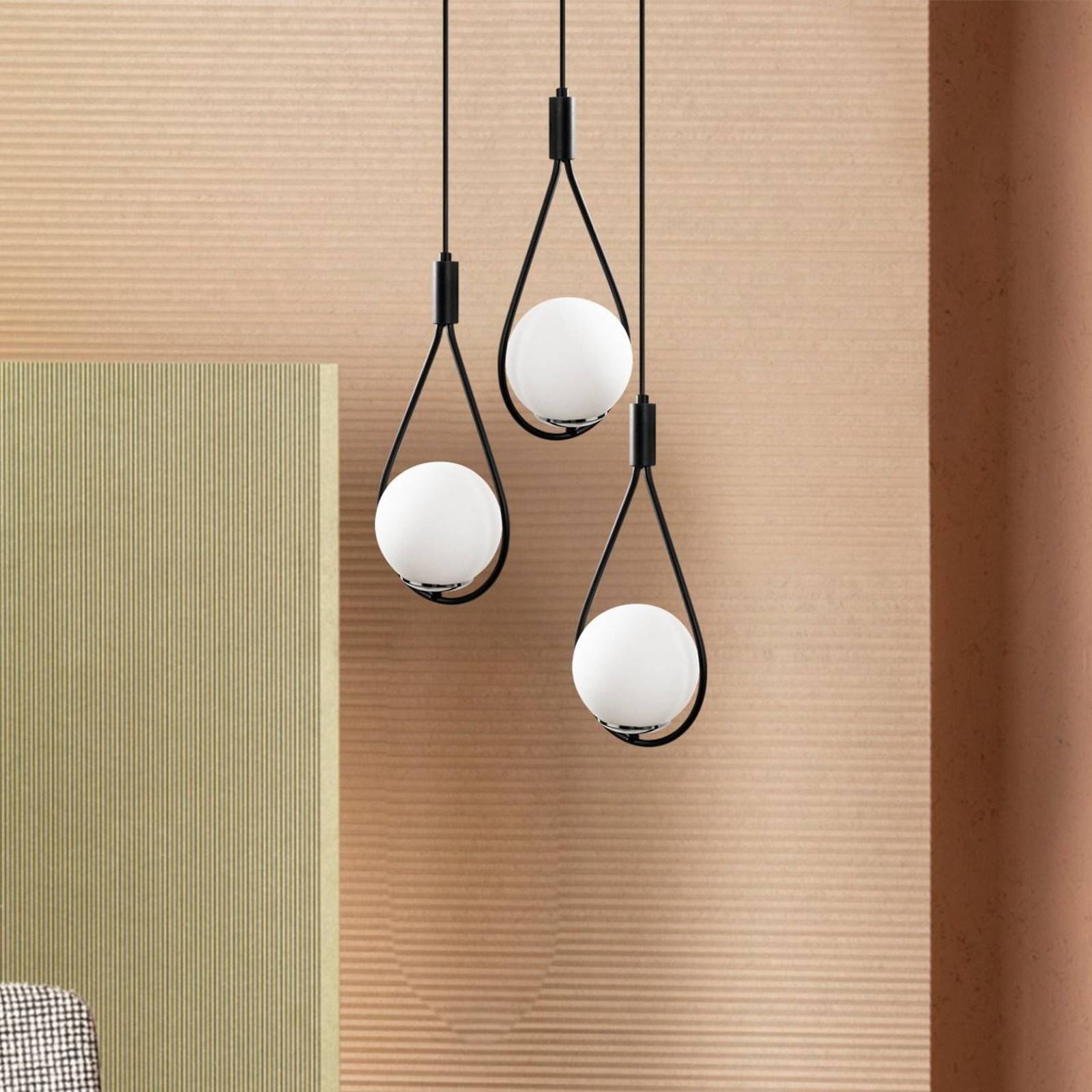 Opviq Suspension Mudoni MR-938 à 3 lampes ronde noir/verre opale