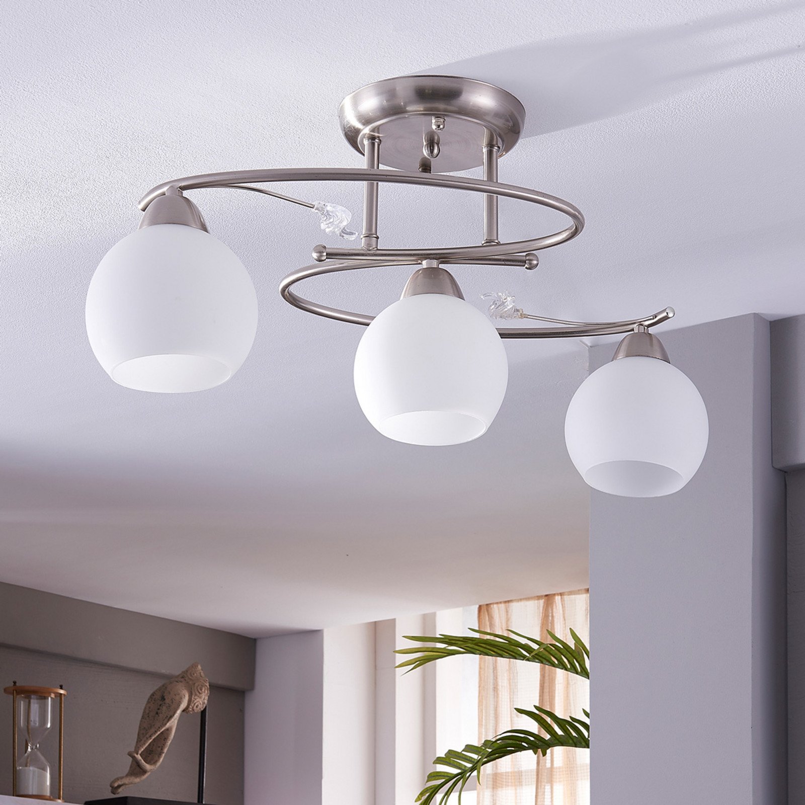 Lindby plafonieră Svean 3 becuri nichel/alb sticlă lungime 60cm - Camera de zi / sufragerie - Modern - alb nichel mat