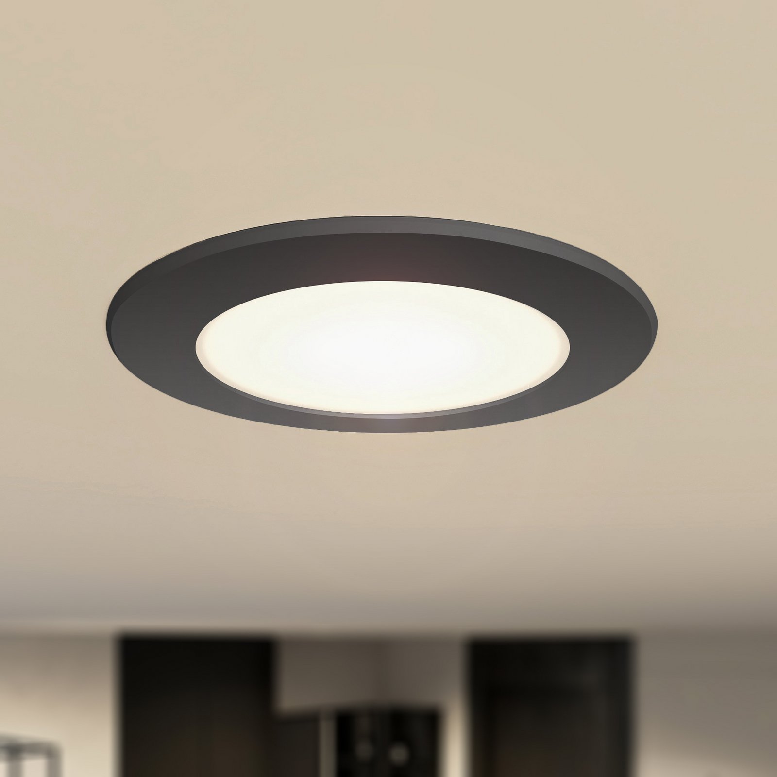 Prios LED recessed spotlight Rida, black, Ø 12 cm, CCT, IP44