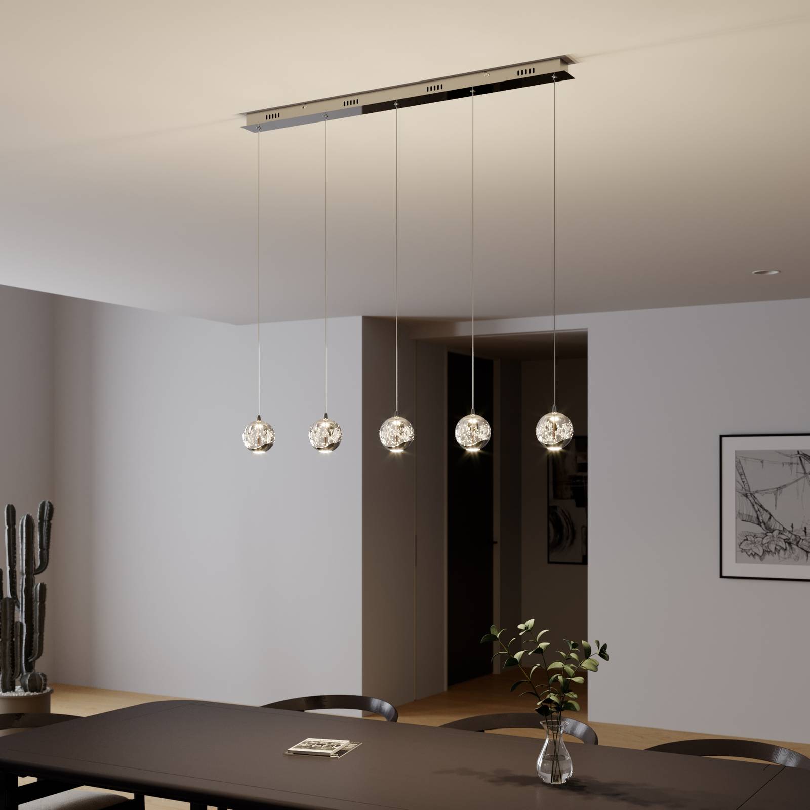 Lucande Hayley LED pendant lamp, 5-bulb, linear, chrome, for Living / Dining Room, glass, metal, 5 W, energy efficiency: A+, L: 96 cm, W: 9 cm