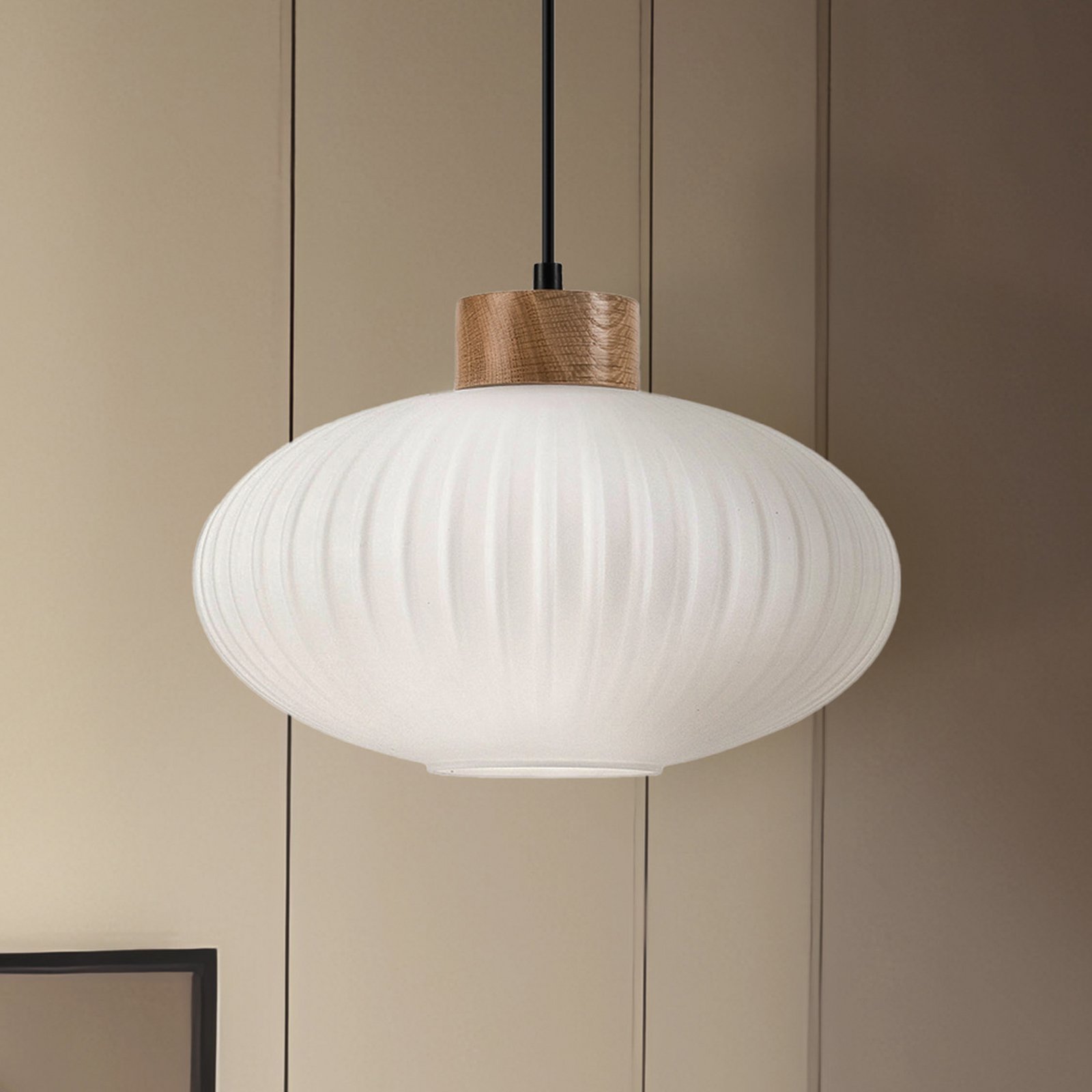 Pakabinamas šviestuvas "Harmony", Ø 25 cm, baltas/ąžuolas, stiklas/medis