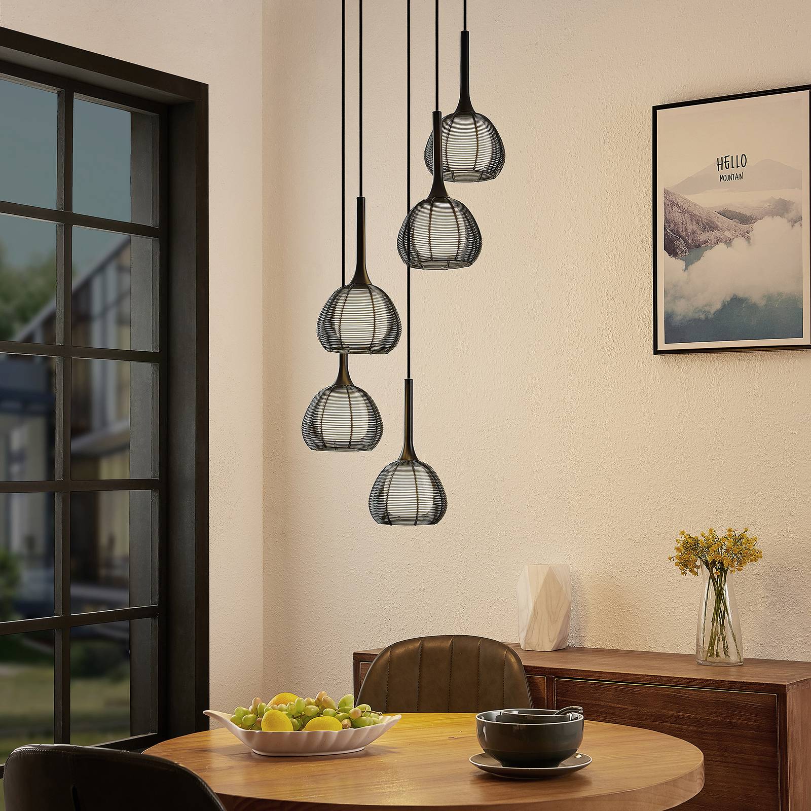 Lucande Tetira hanglamp, 5-lamps, rond, zwart