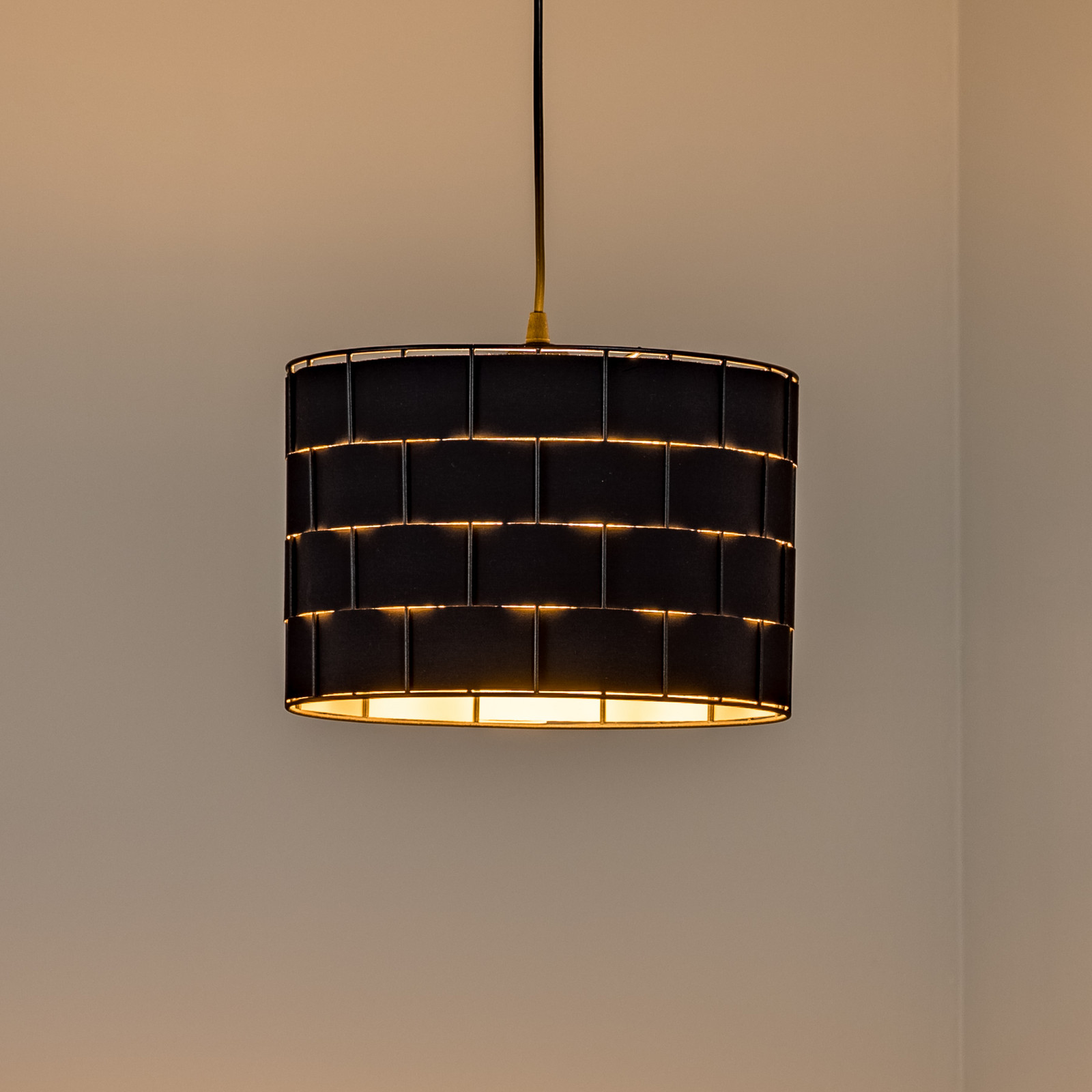 HELAM Lampă suspendată Atlanta negru Ø 30 cm textil E27 - Camera de zi / sufragerie - negru auriu - Țesătură / Textil