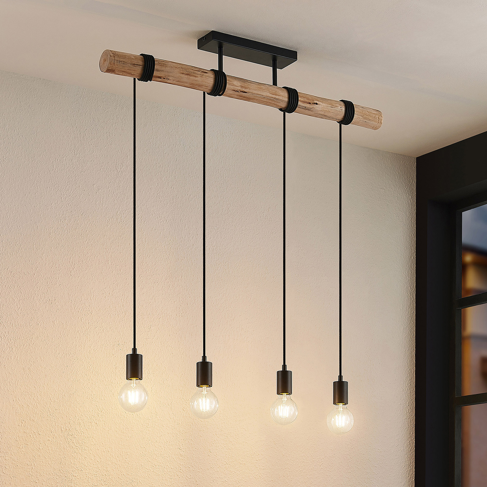 Lindby Amilia hanging light with wood, four-bulb