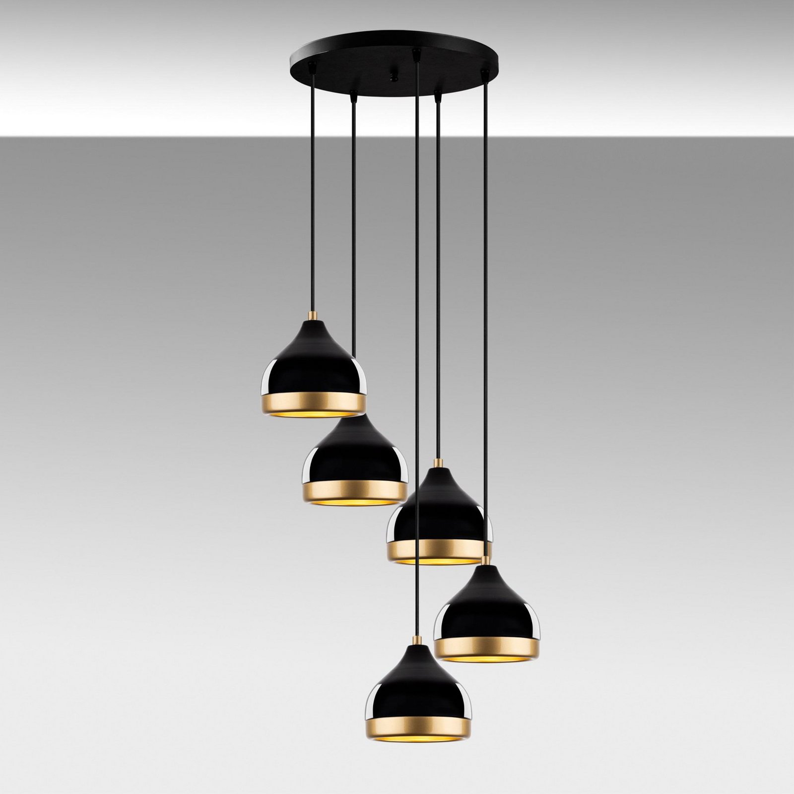 Hängeleuchte Yildo, 5-flammig, Rondell, schwarz/gold, Ø43 cm