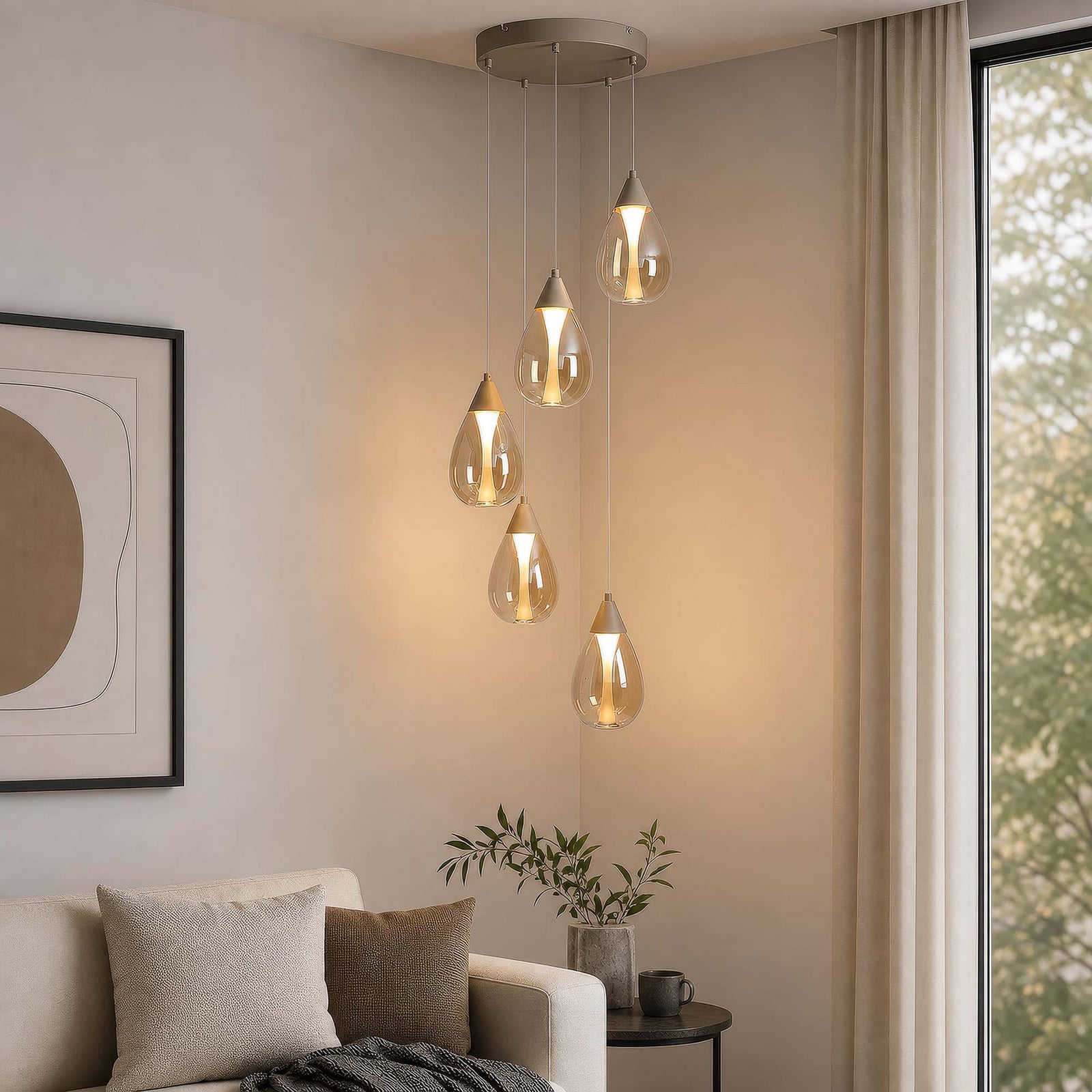 LED-Hängelampe Pear, 5-fl. rund, beige, Glas amber, 3.000 K LED-Hängelampe Pear, 5-fl. rund, beige, Glas amber, 3.000 K