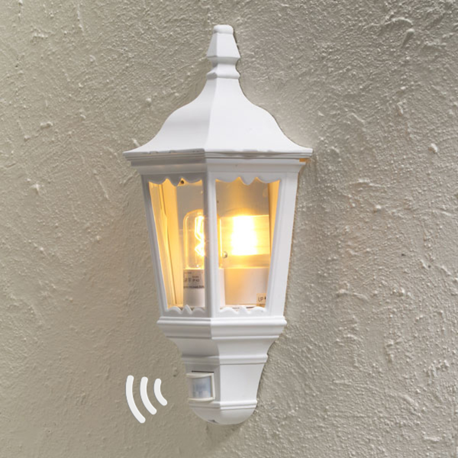 Konstmide Firenze outdoor wall lamp half shell, sensor white, aluminium, glass, E27, 100 W, energy efficiency: A++, W: 23.5 cm, H: 49.5 cm