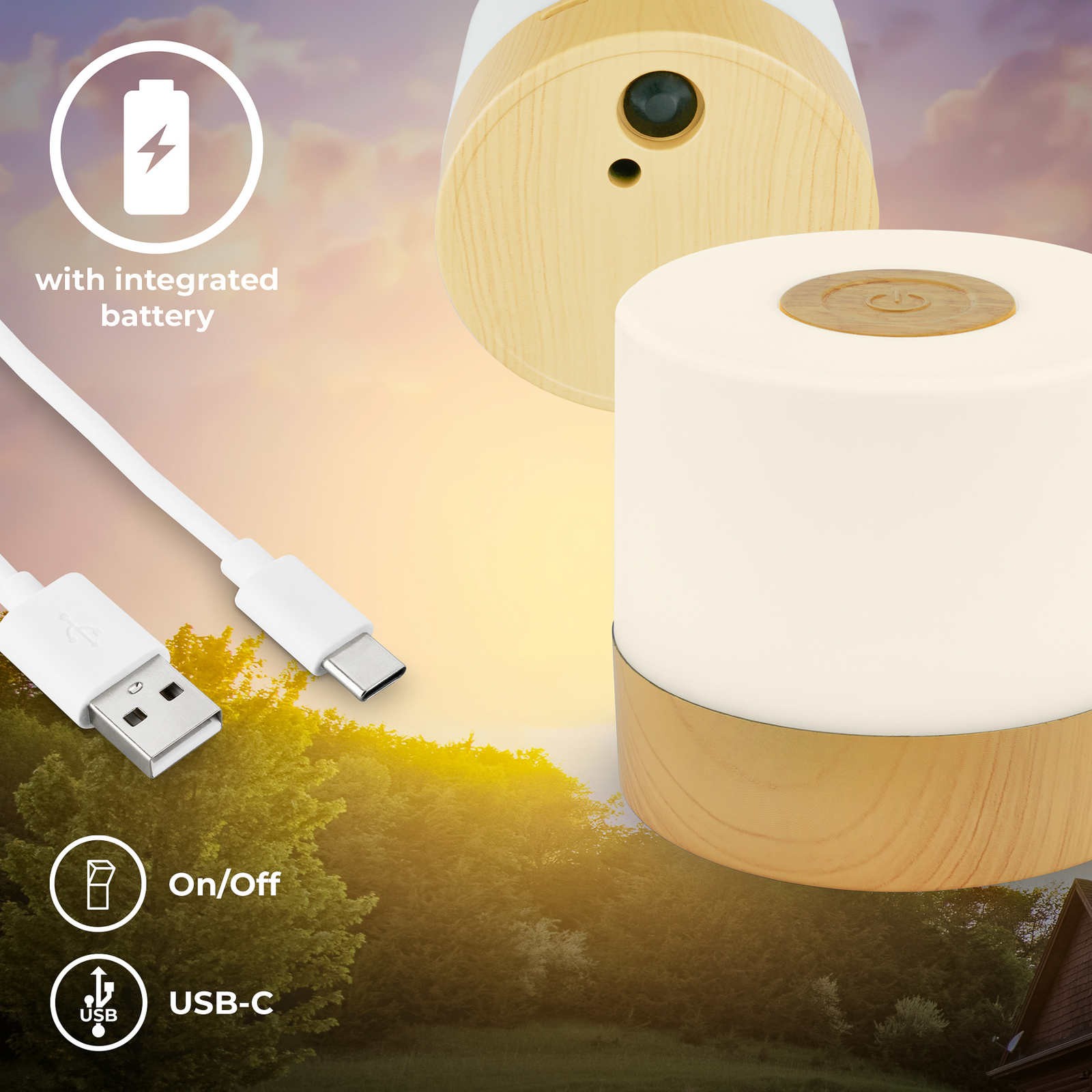 LED-Akku-Tischleuchte Cita Holzoptik, USB-C, 2.700 K, Dimmer