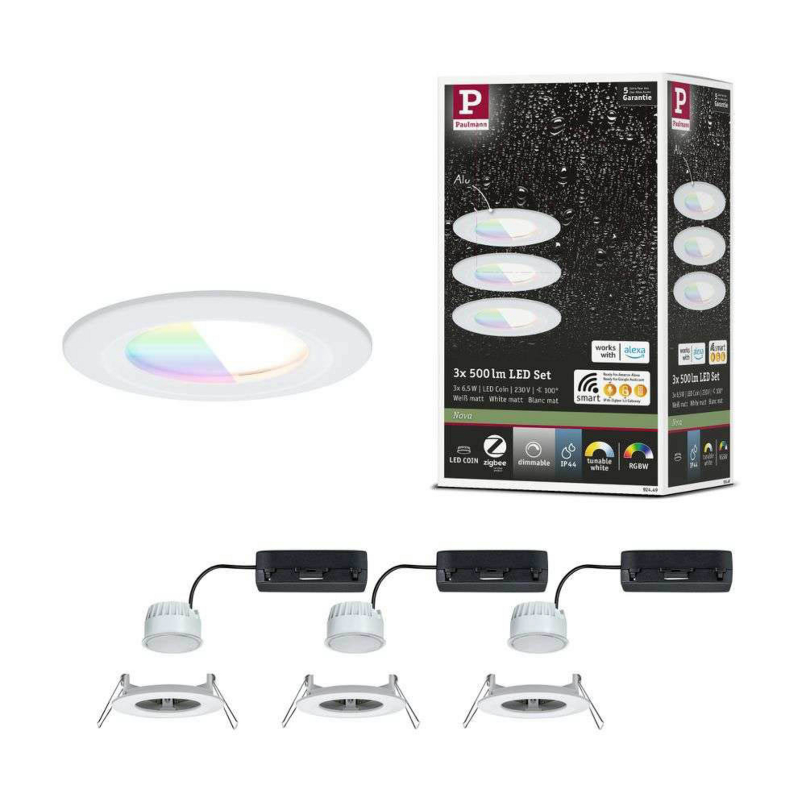 Paulmann LED inbouwspot Nova Coin Smart wit RGBW, set van 3, 7,8 cm
