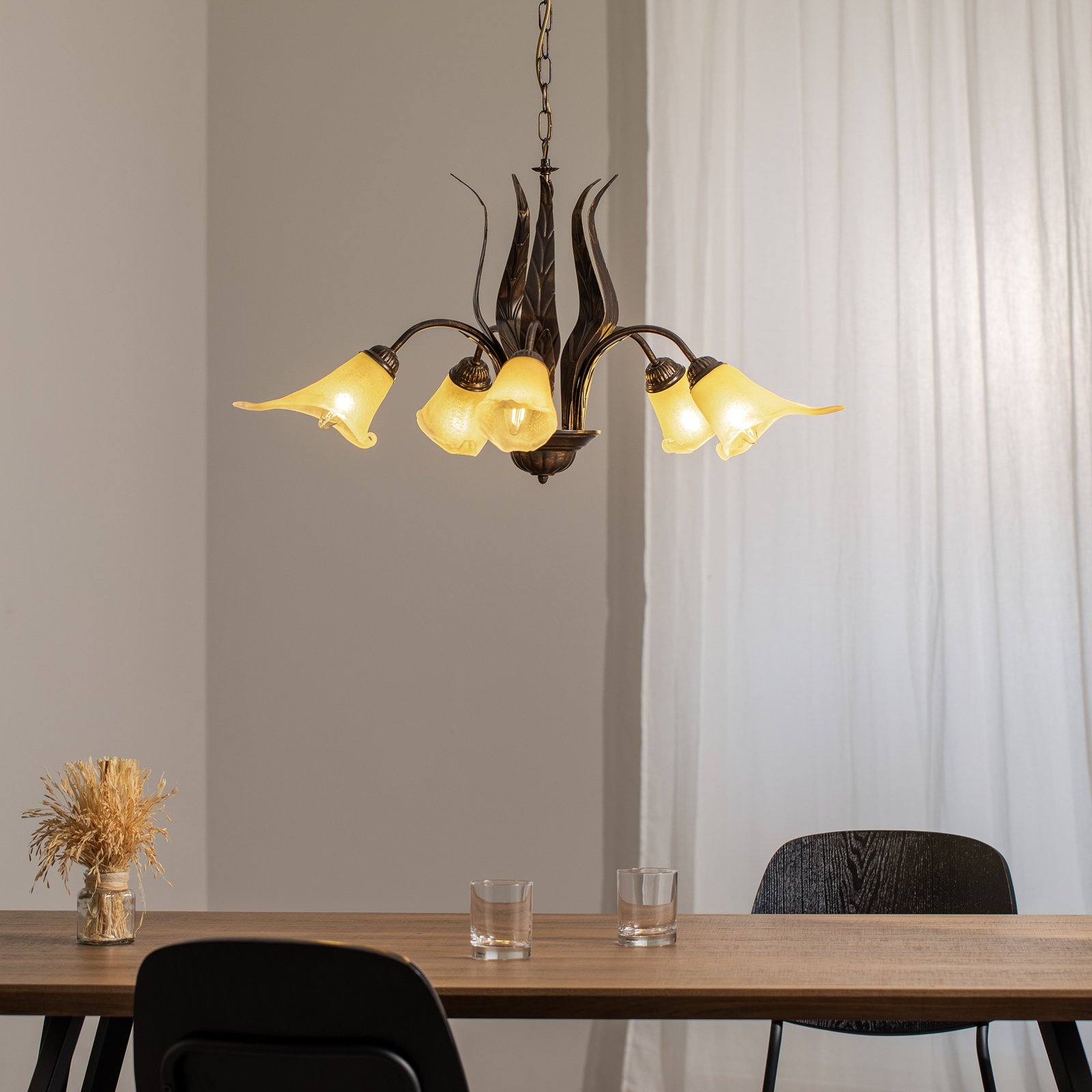 Hängeleuchte Alga, 5-flammig, Eisen, Glas, Florentiner
