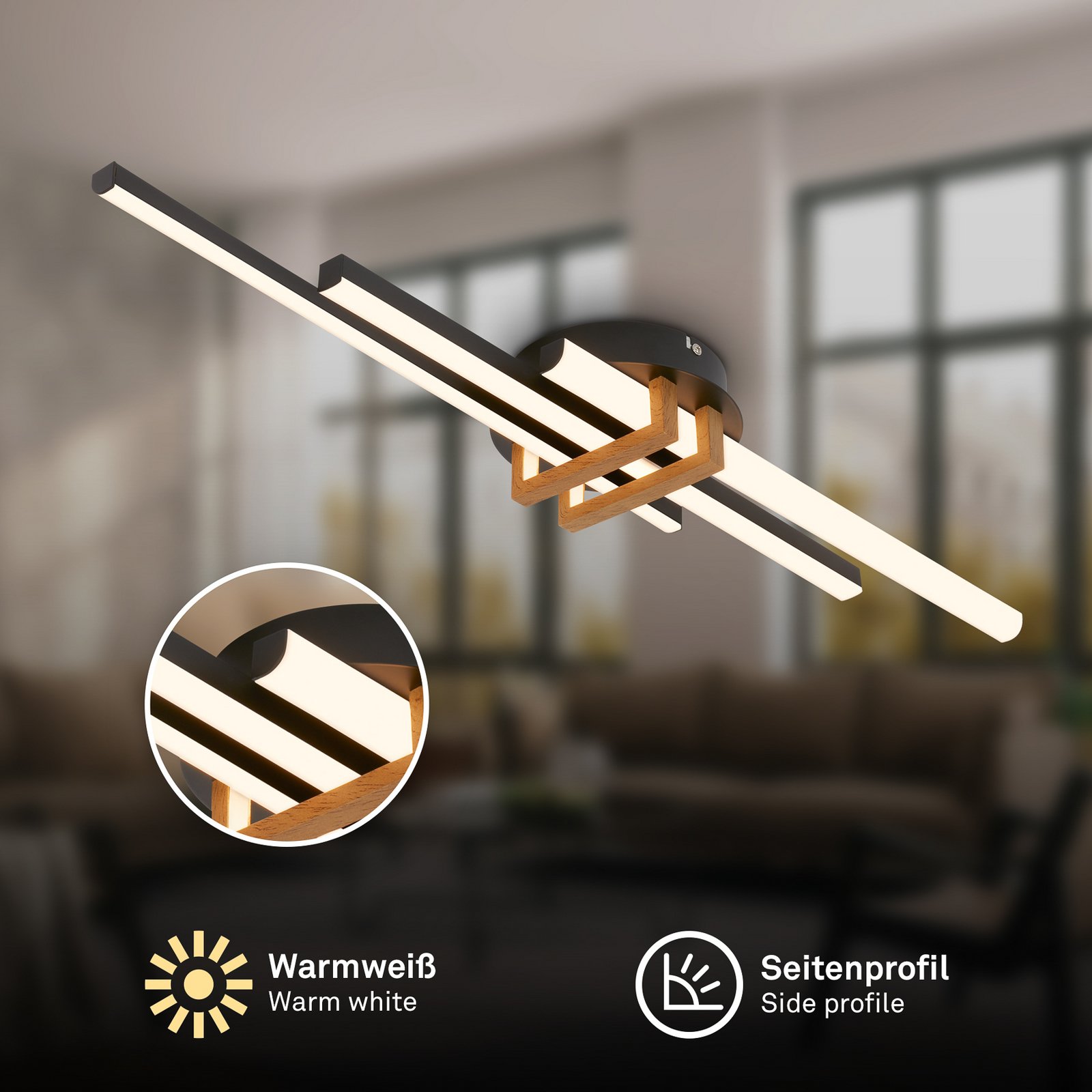 LED stropní svítidlo Tinka, barva dřeva/černá, délka 78 cm