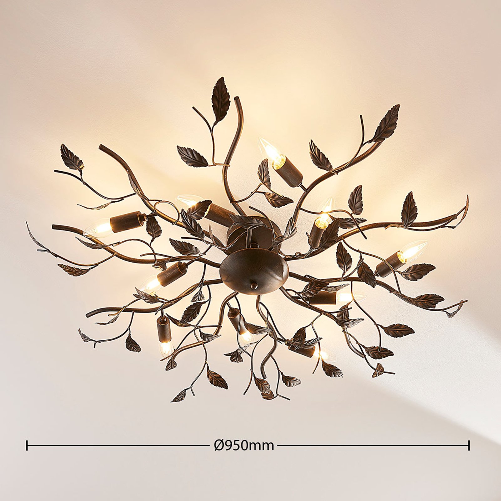 Lindby Deckenlampe Yos, 10-flg., 95 cm, schwarz-kupfer, E14
