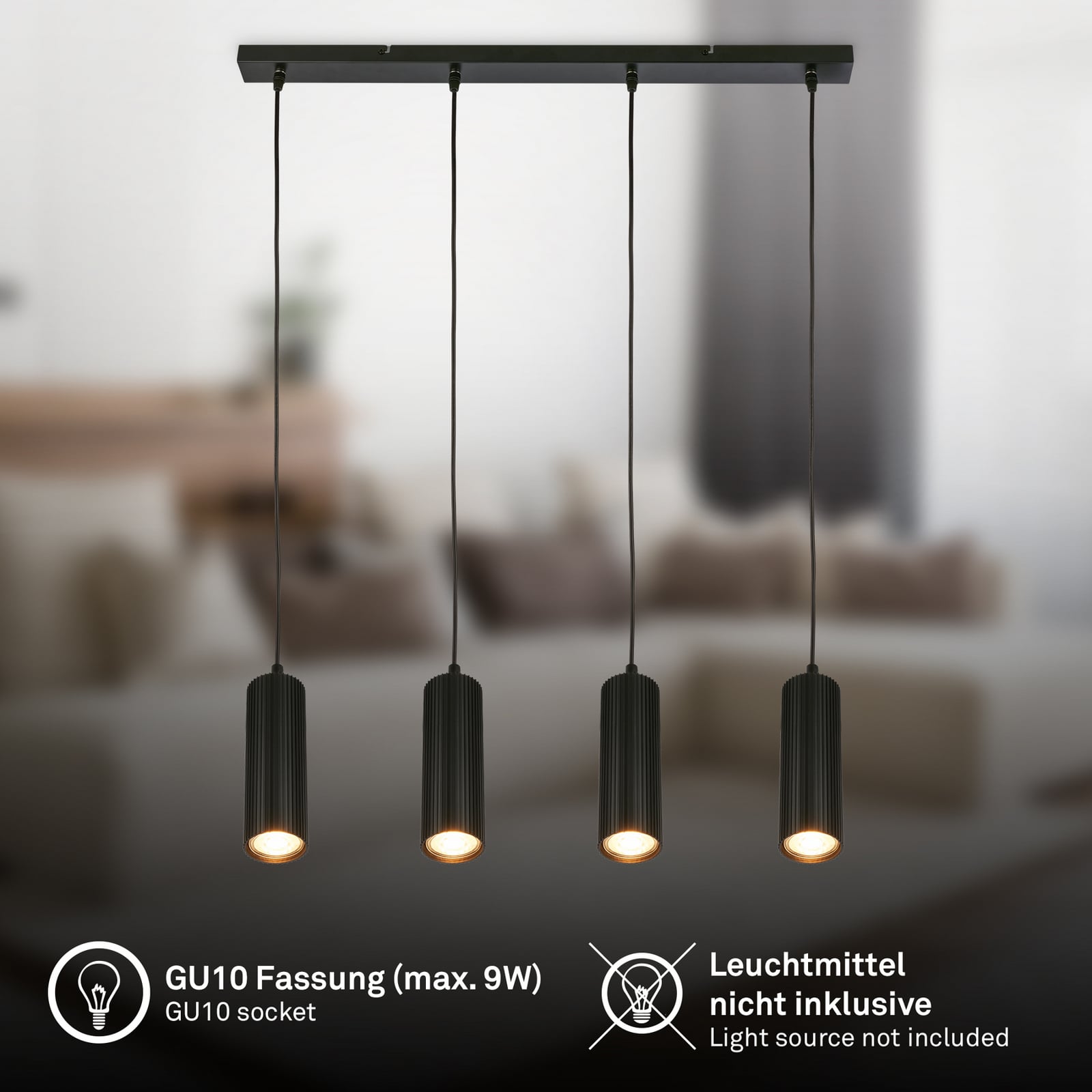 Suspension Ida, noire, à 4 lampes, longueur 76 cm, GU10 Suspension Ida, noire, à 4 lampes, longueur 76 cm, GU10