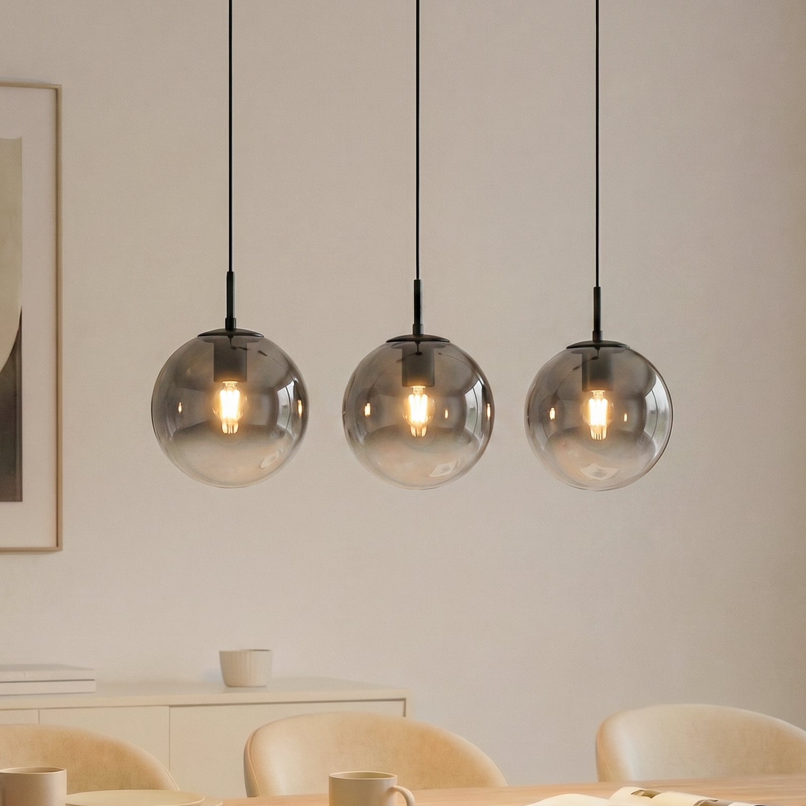 Suspension Veloura, à 3 lampes, 84 cm, verre, bois - Lucande
