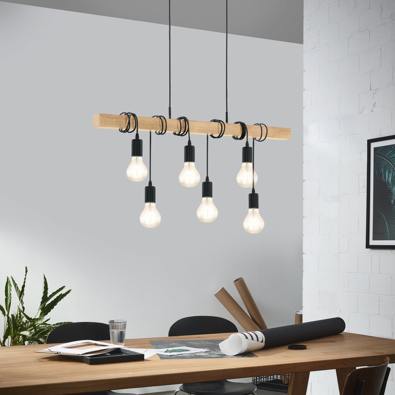 Pendellampe Townshend mit Holz, sechsflammig Pendellampe Townshend mit Holz, sechsflammig