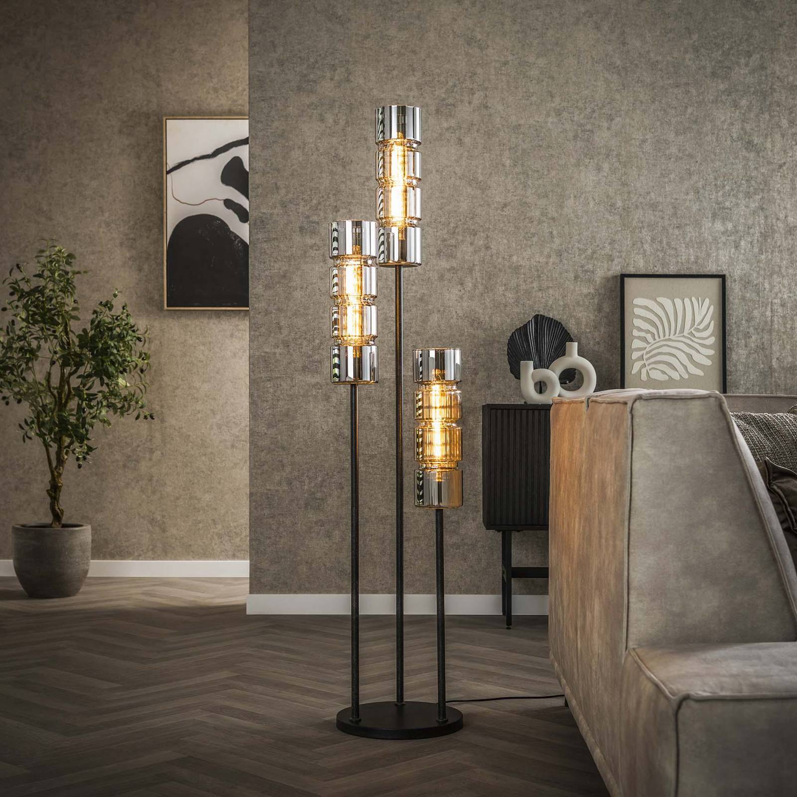 Zijlstra Cylindro vloerlamp, 3-lamps, chroom, zwart, glas