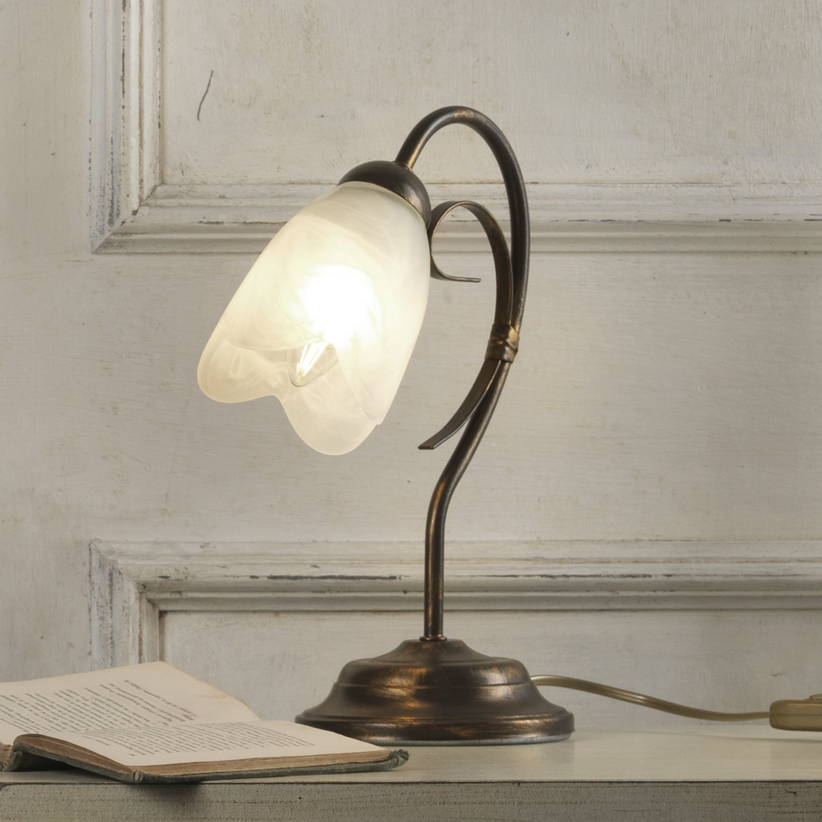 Odino table lamp, 1-bulb, bronze-coloured, metal, glass