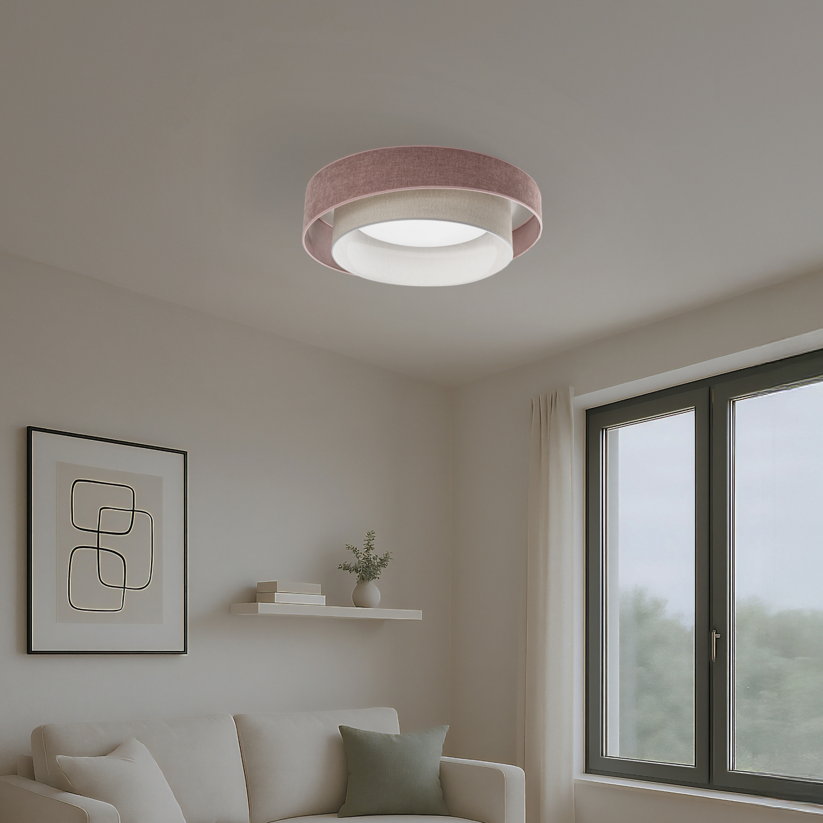 Stropna svetilka LED Luneta S, šenil, roza/siva, 3-stopenjska zatemnitev