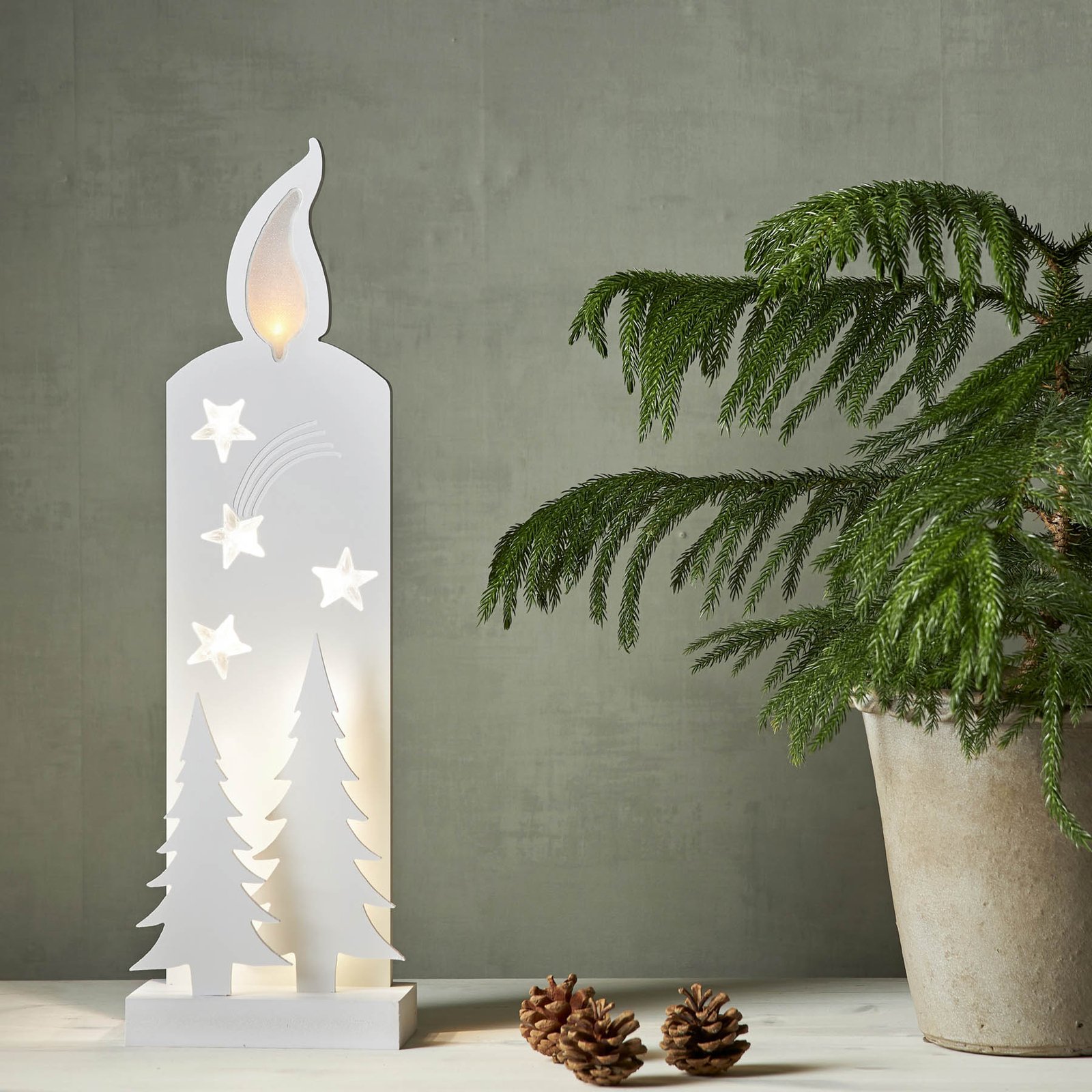 Grandy LED decorative light, candle and fir trees, 50 cm