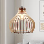 Barrel pendant light with wooden cage shade
