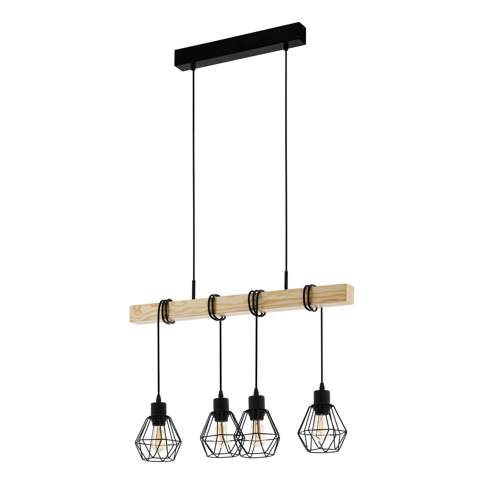 Lámpara colgante Townshend, longitud 70 cm, negro/roble, 4 luces.
