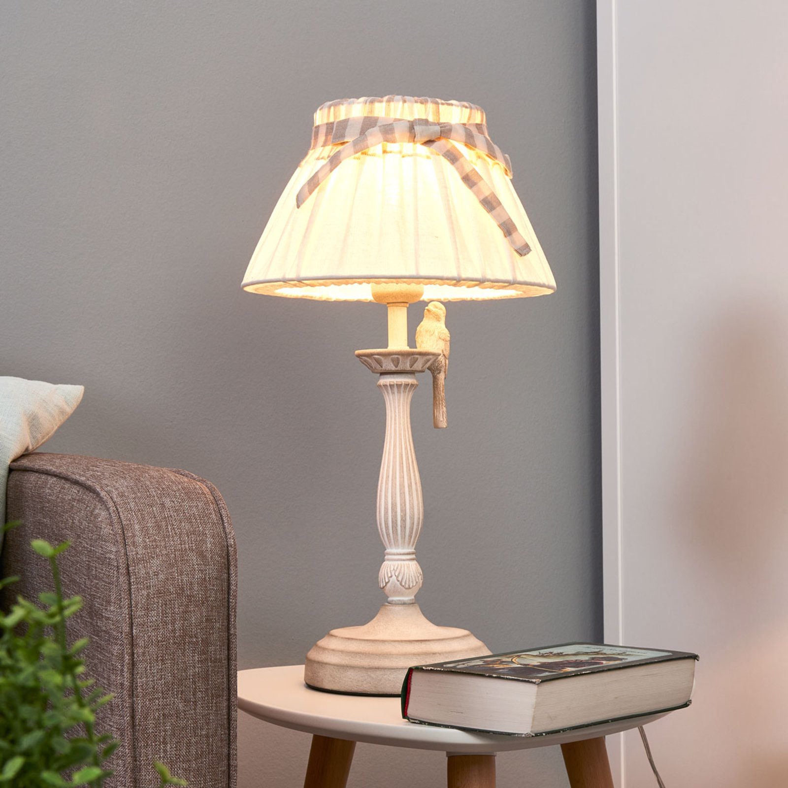 Maytoni Bird - table lamp with handcrafted metal bird, for Living / Dining Room, metal, linen, E27, 40 W, energy efficiency: A++, H: 46 cm