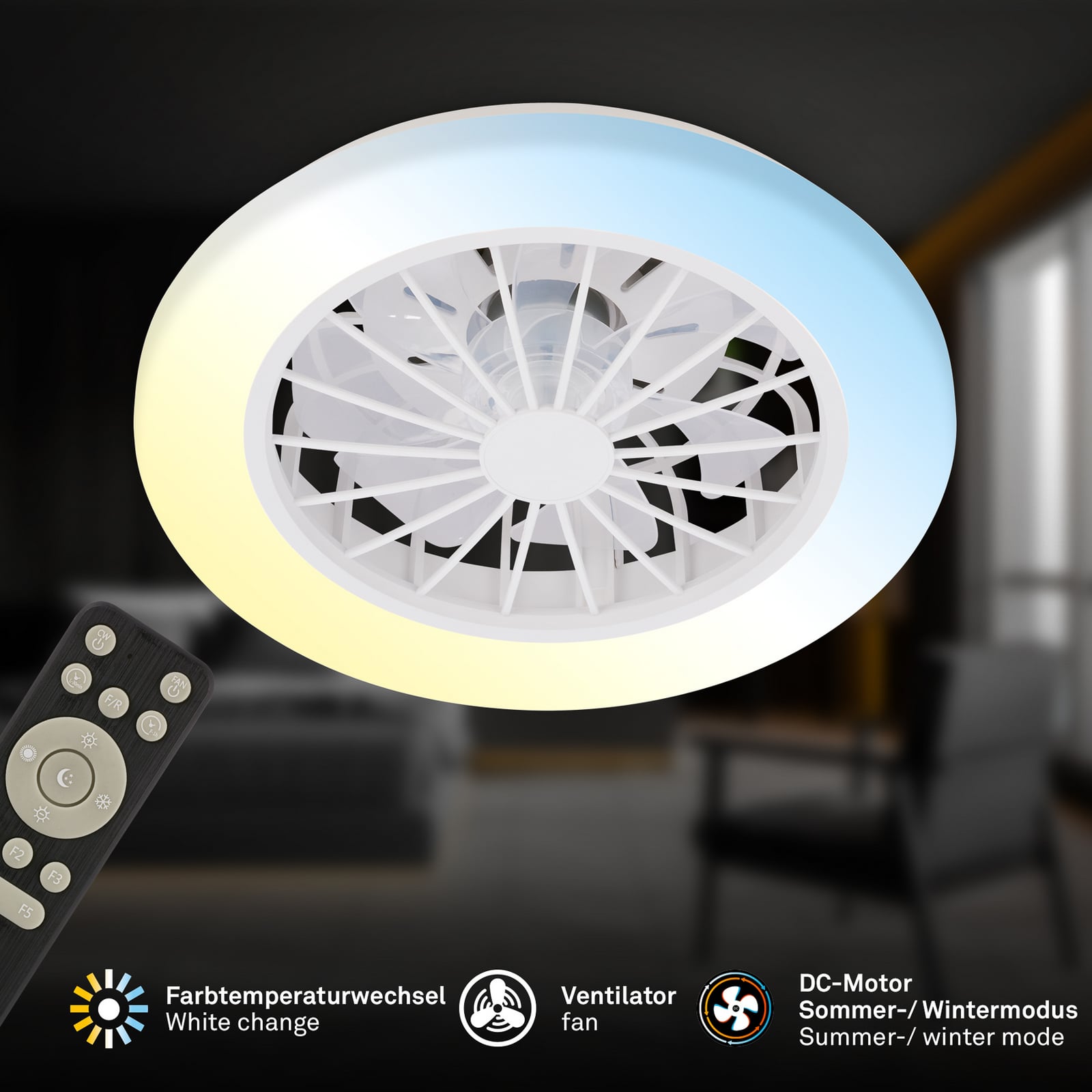 Pafo LED ceiling fan, white, plastic, CCT, remote control