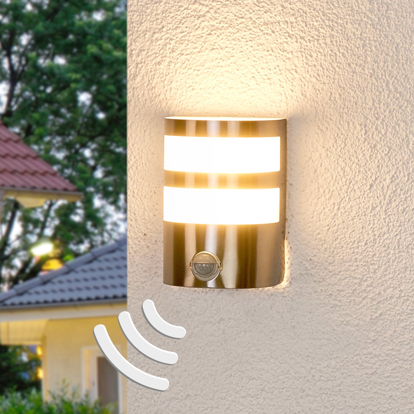 Lindby Lucja LED outdoor wall lamp with motion sensor, stainless steel, polycarbonate, 10 W, energy efficiency: A+, W: 12.5 cm, H: 17.5 cm