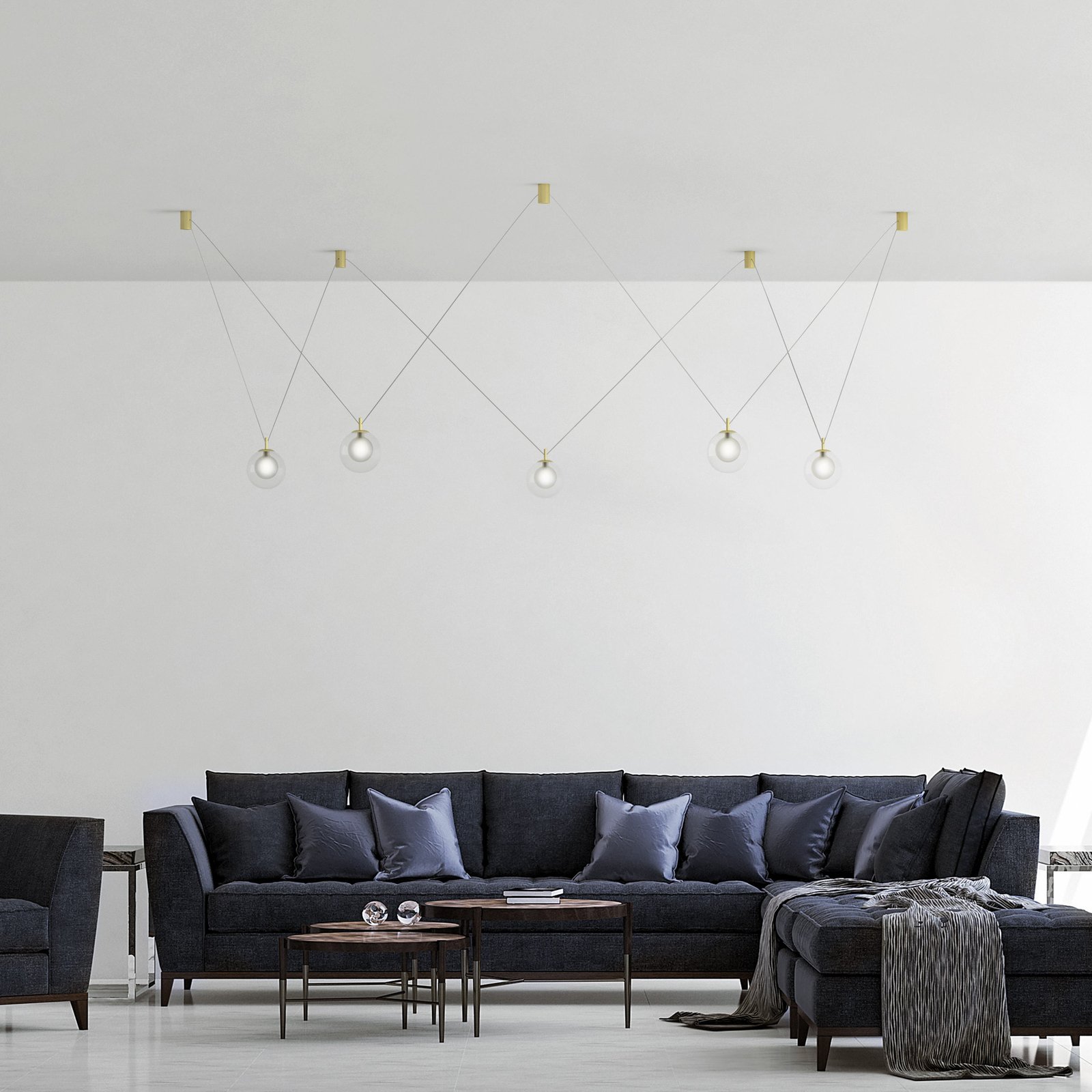 Aladino hanglamp, 5-lamps, helder/goud, glas, gedecentraliseerd