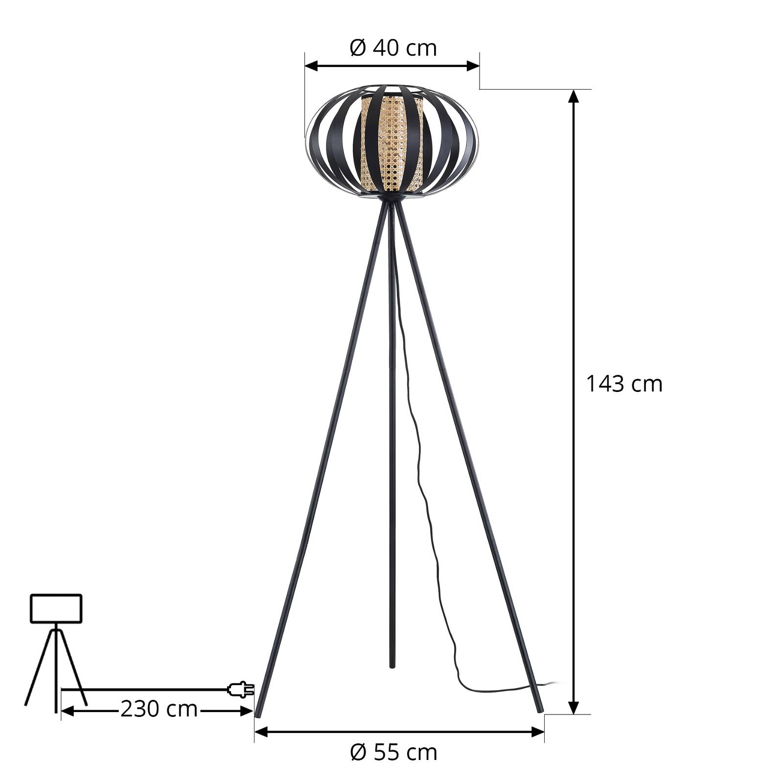 Lampa podłogowa Lindby Tamira, czarna, rattan, 143 cm wysokości, E27