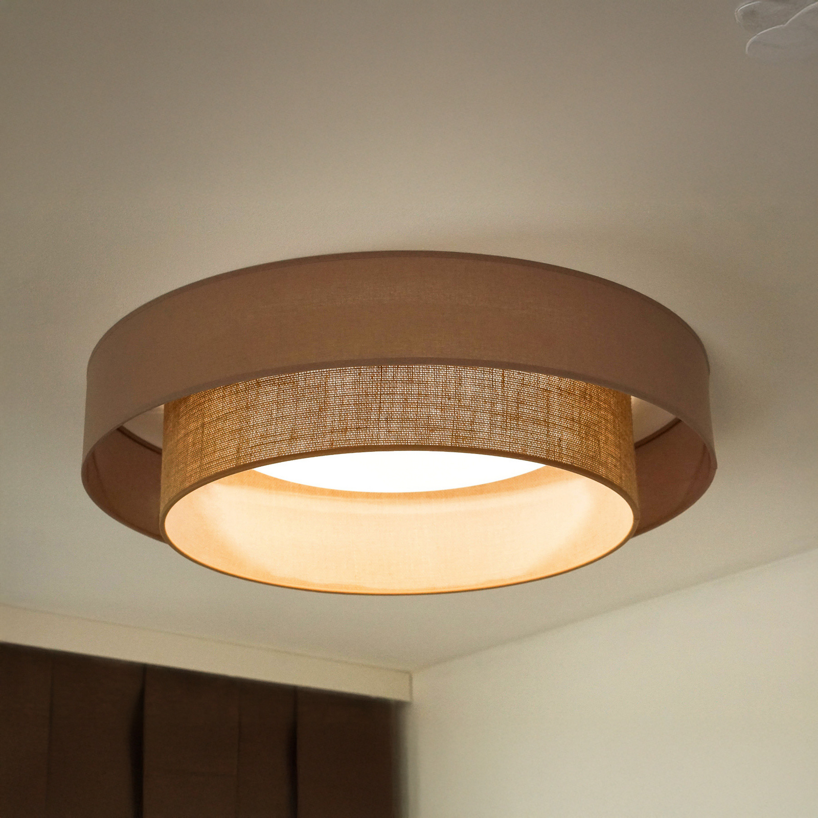 LED griestu gaisma Luneta, džuta, brūna, Ø 60 cm, 3 pakāpju dim