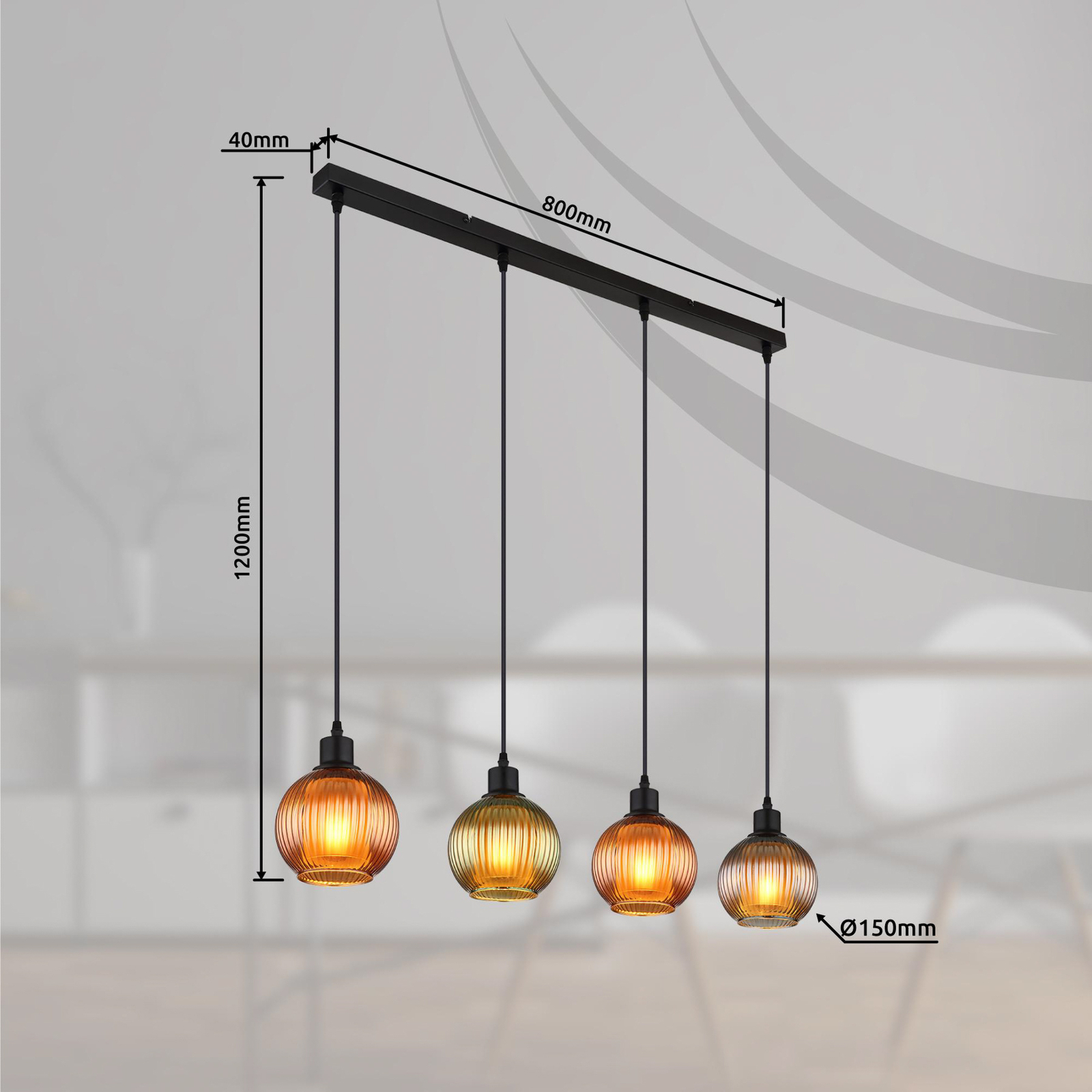 Zumba hanging light, green/bronze/petrol, 90 cm, 4-light, glass