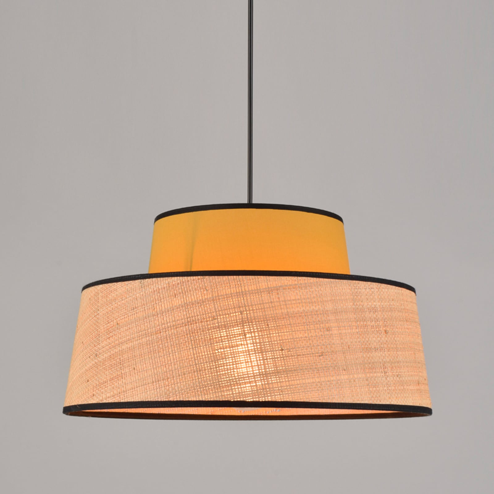Lampă suspendată Mallorca, galben muștar, Ø 38 cm, țesătură/raț