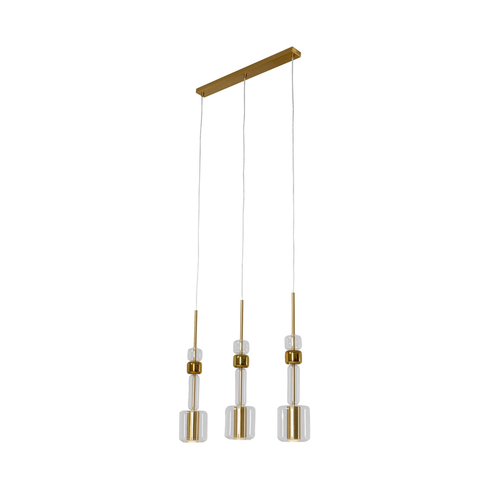 Kare Candy Bar hanglamp, goudkleurig, staal, glas, 3-lamps.