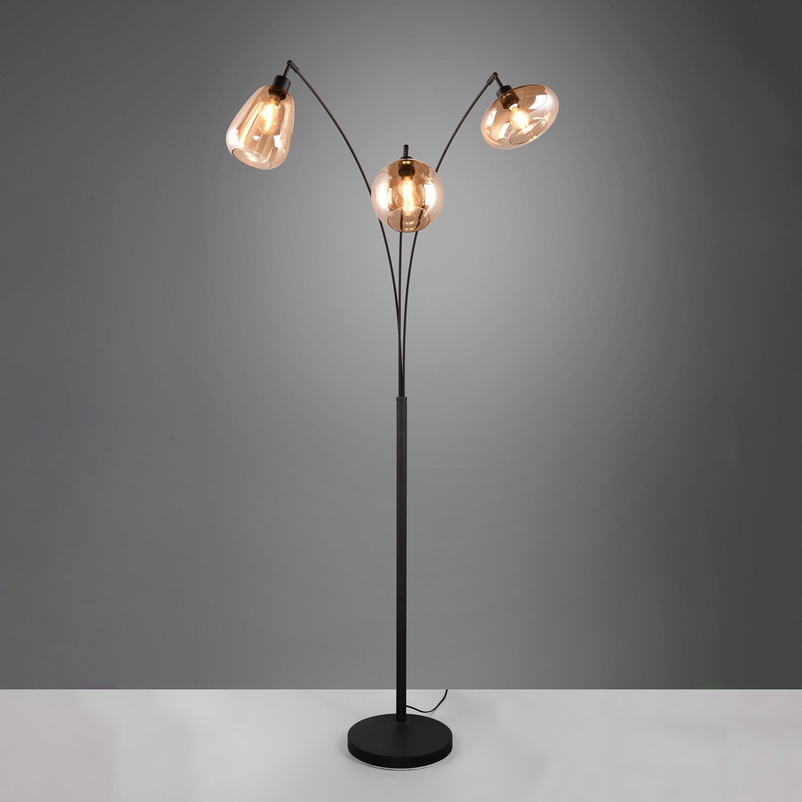 LUMINA floor lamp, 3-bulb, black/amber, glass