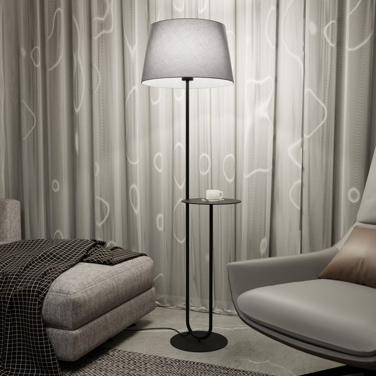 Podna lampa Hotel, sivo/crna, visina 150 cm, tkanina/metal