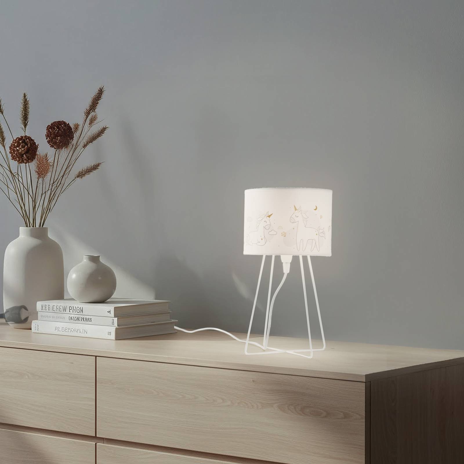 Tischleuchte Mila, Stoff, Einhörner, E14, Höhe 32,5 cm günstig online kaufen