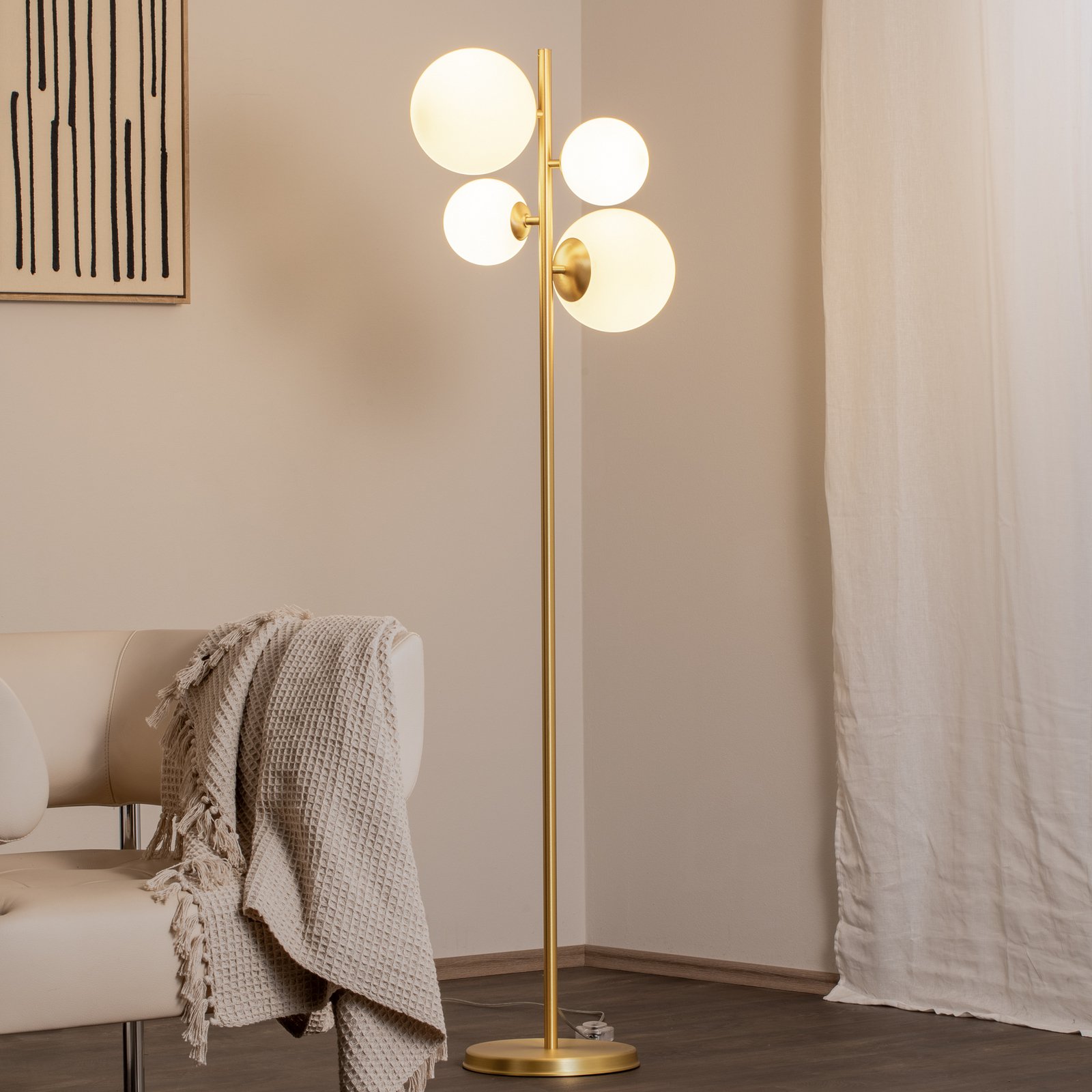 Lampa stojąca Joel, mosiądz/biały, 4-punktowa