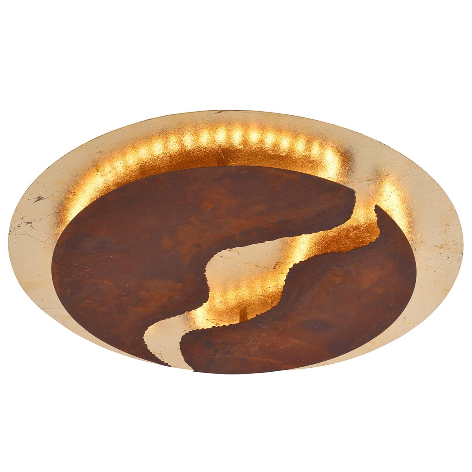 LED-taklampa Nevis, rund, Ø 50 cm, brun-guld