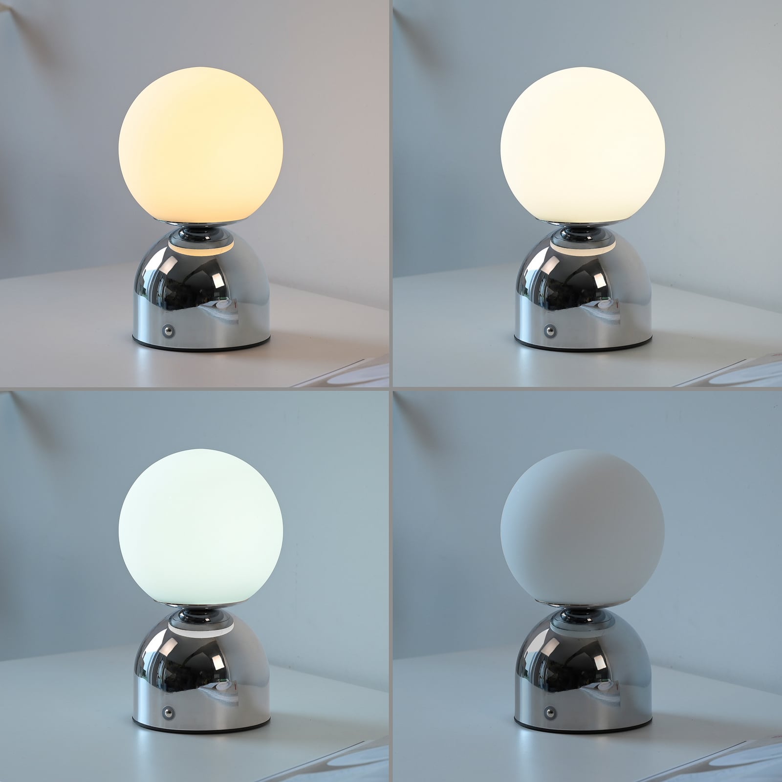 LED-akutoitel laualamp RUDI, kroom, kõrgus 20 cm, CCT, puutetundlik hämardus