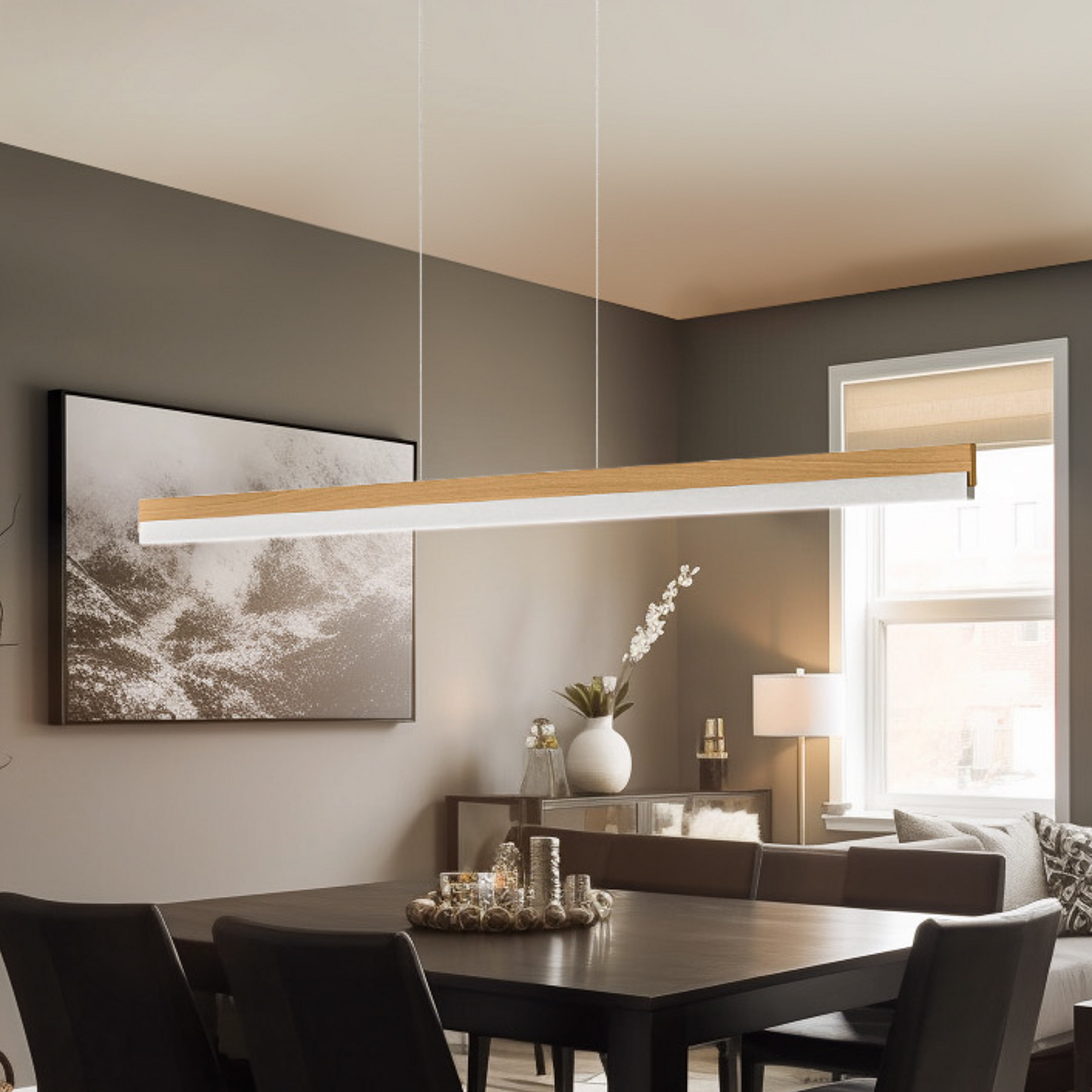 Quitani LED κρεμαστό φωτιστικό Keijo, νικέλιο/δρυς, 143 cm