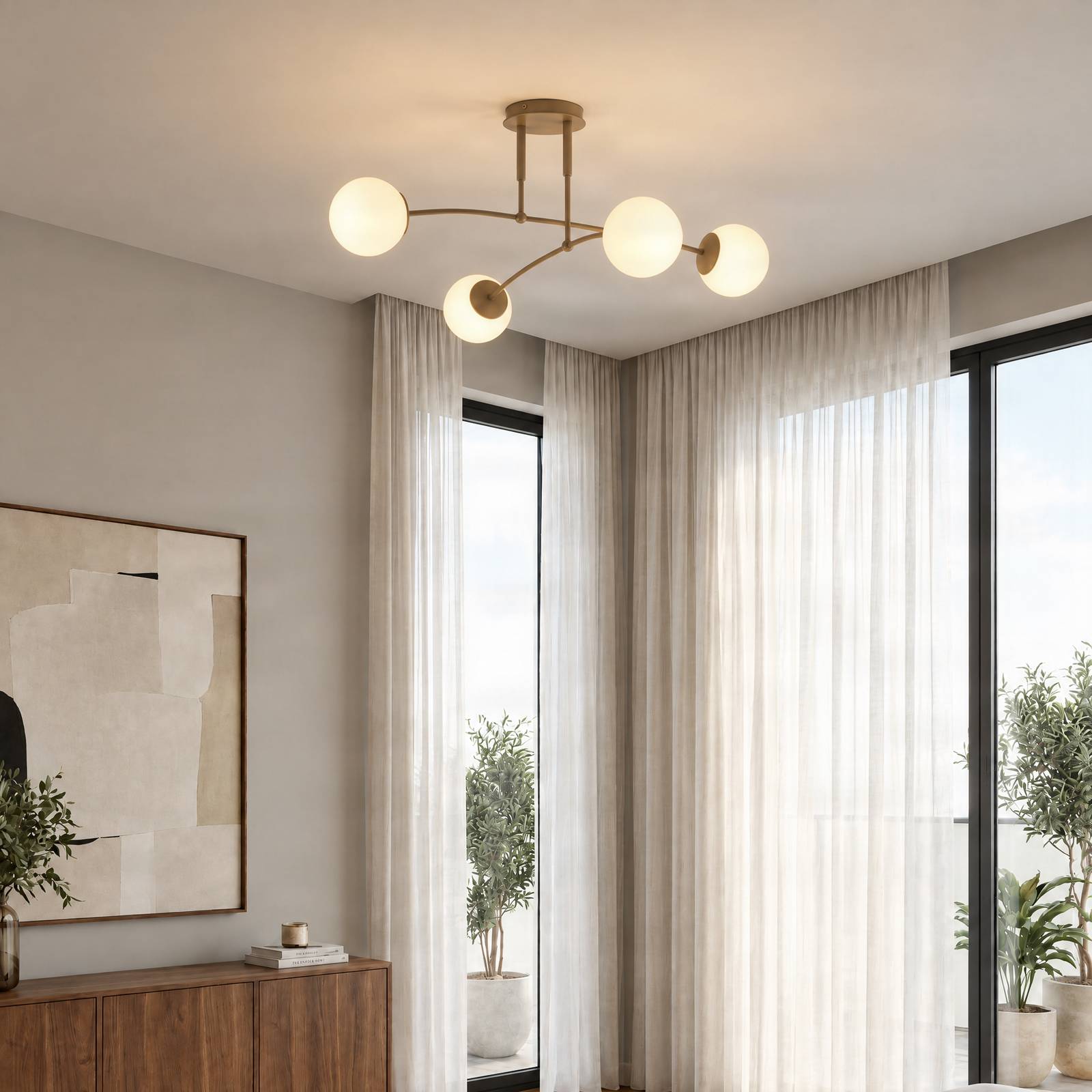 Lampa sufitowa Pregos, beżowa, średnica 60 cm, 4-punktowa, metal/szkło