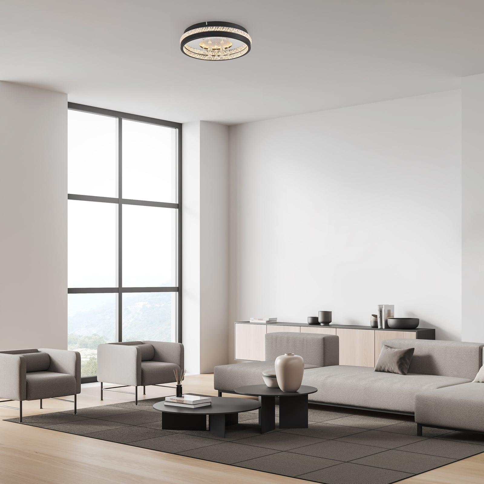 Plafonnier LED Hanni, noir, fer, aluminium, aspect cristal Plafonnier LED Hanni, noir, fer, aluminium, aspect cristal