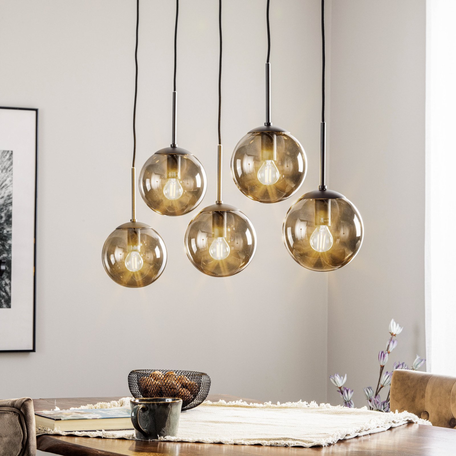 Lindby Wynoa rookglas-hanglamp, 5-lamps