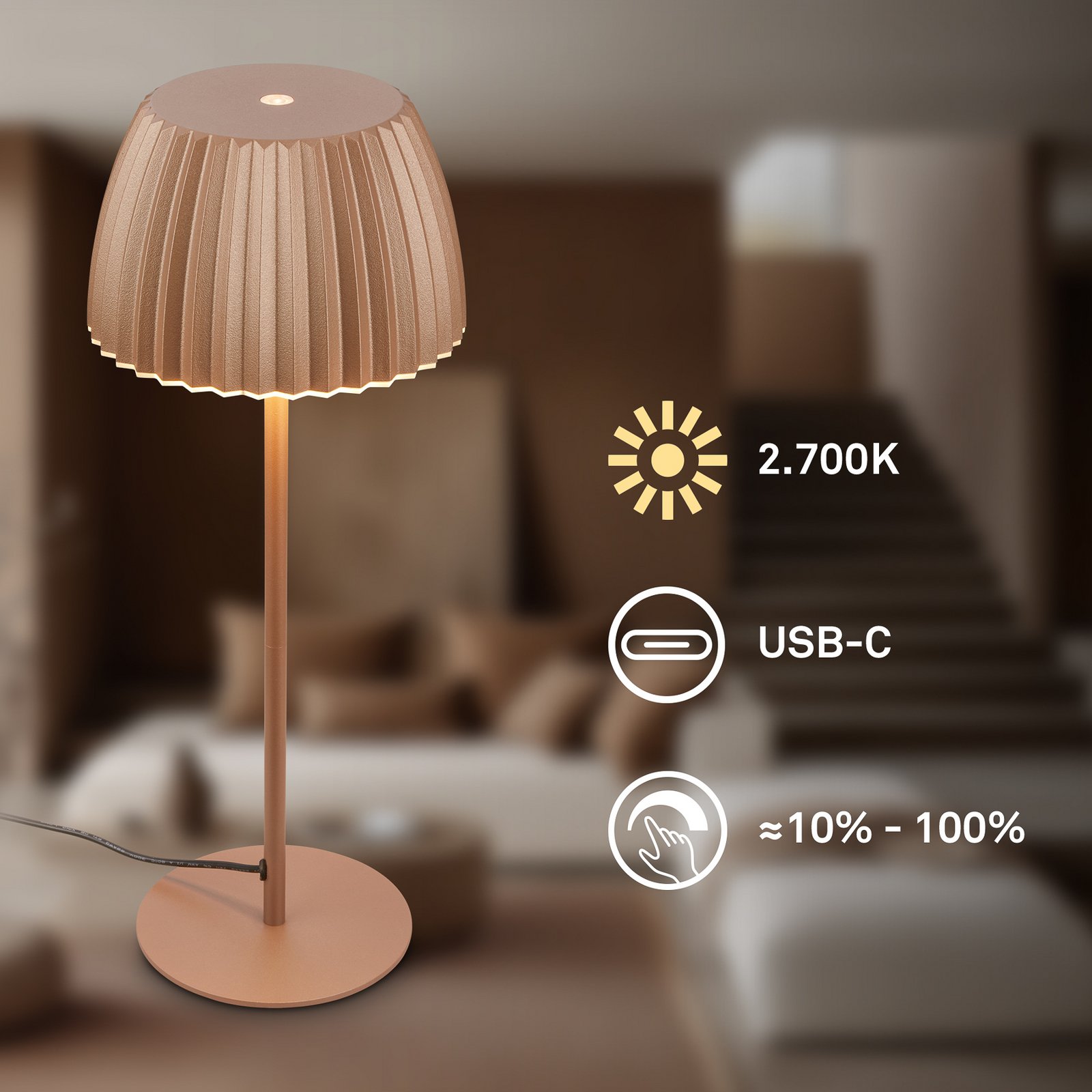 LED tafellamp Loca, bruin, hoogte 36 cm, metaal/kunststof