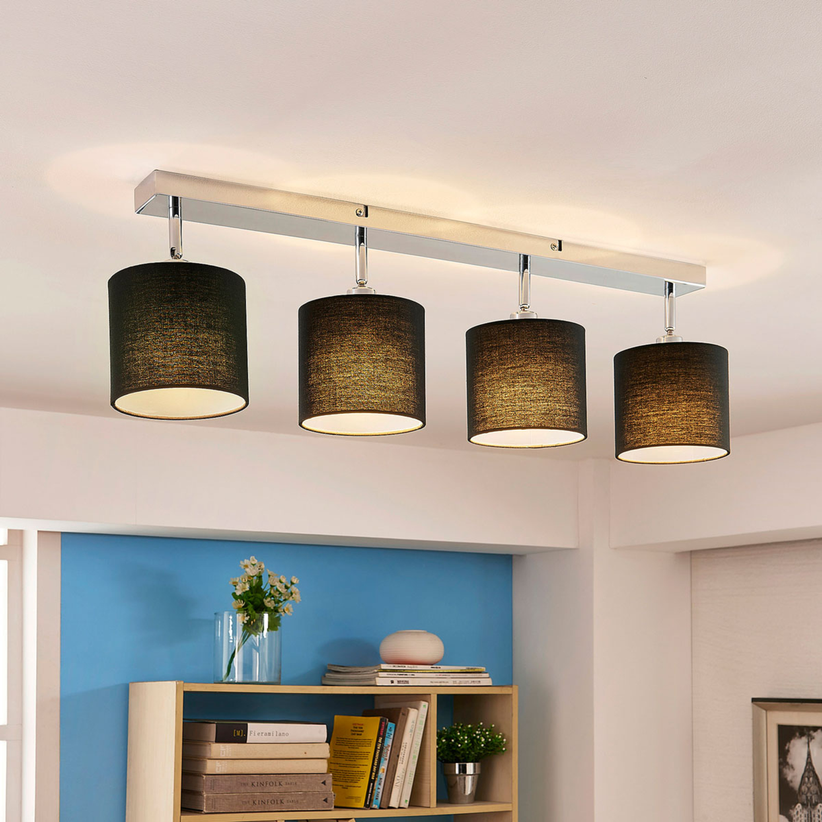 Lindby Ceiling lamp Mairi with black lampshades and LEDs, for Living / Dining Room, fabric, metal, E14, 4 W, energy efficiency: A+, L: 77 cm, W: 13.5 cm, H: 21.3 cm