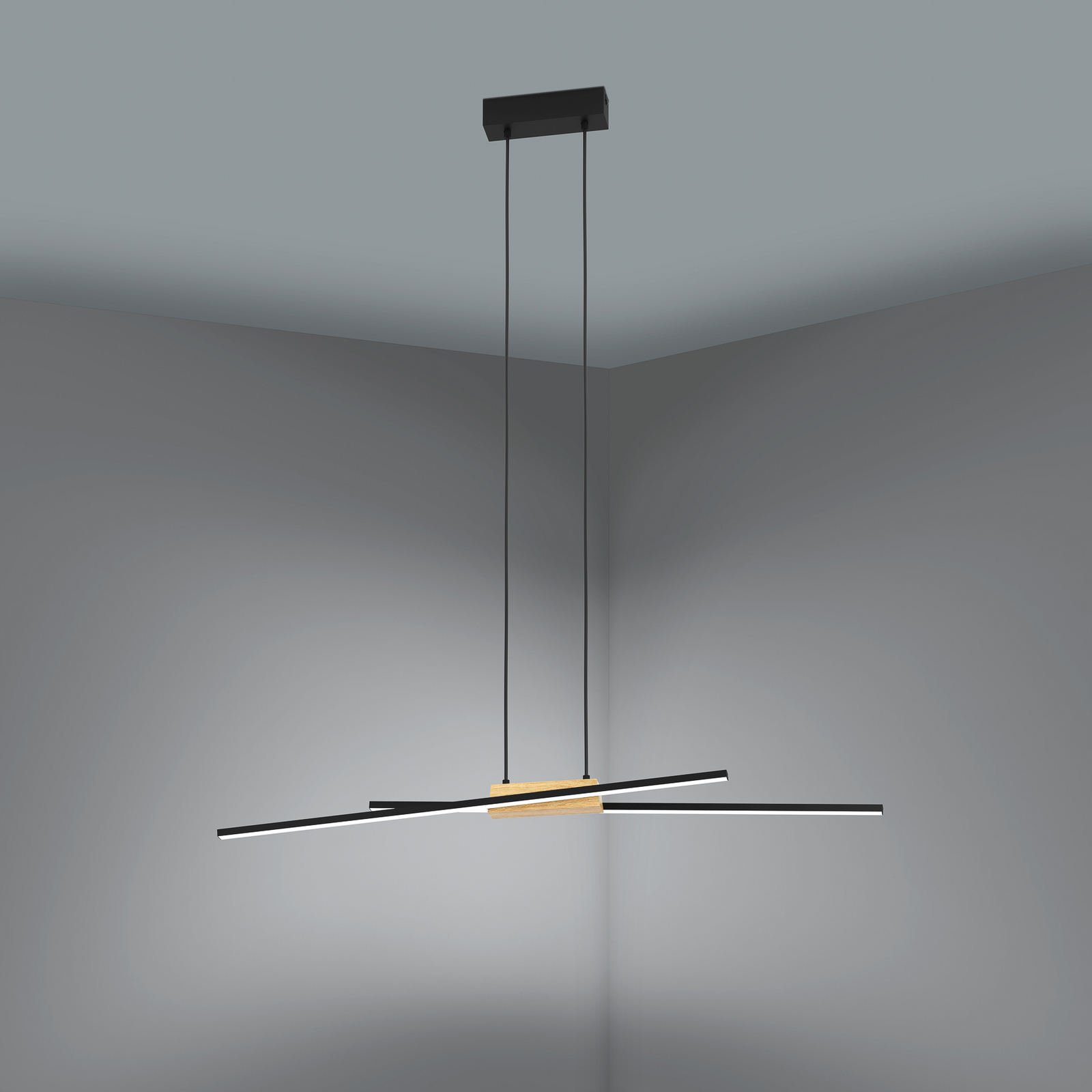 Panagria LED suspendat, negru cu detaliu din lemn Panagria LED suspendat, negru cu detaliu din lemn