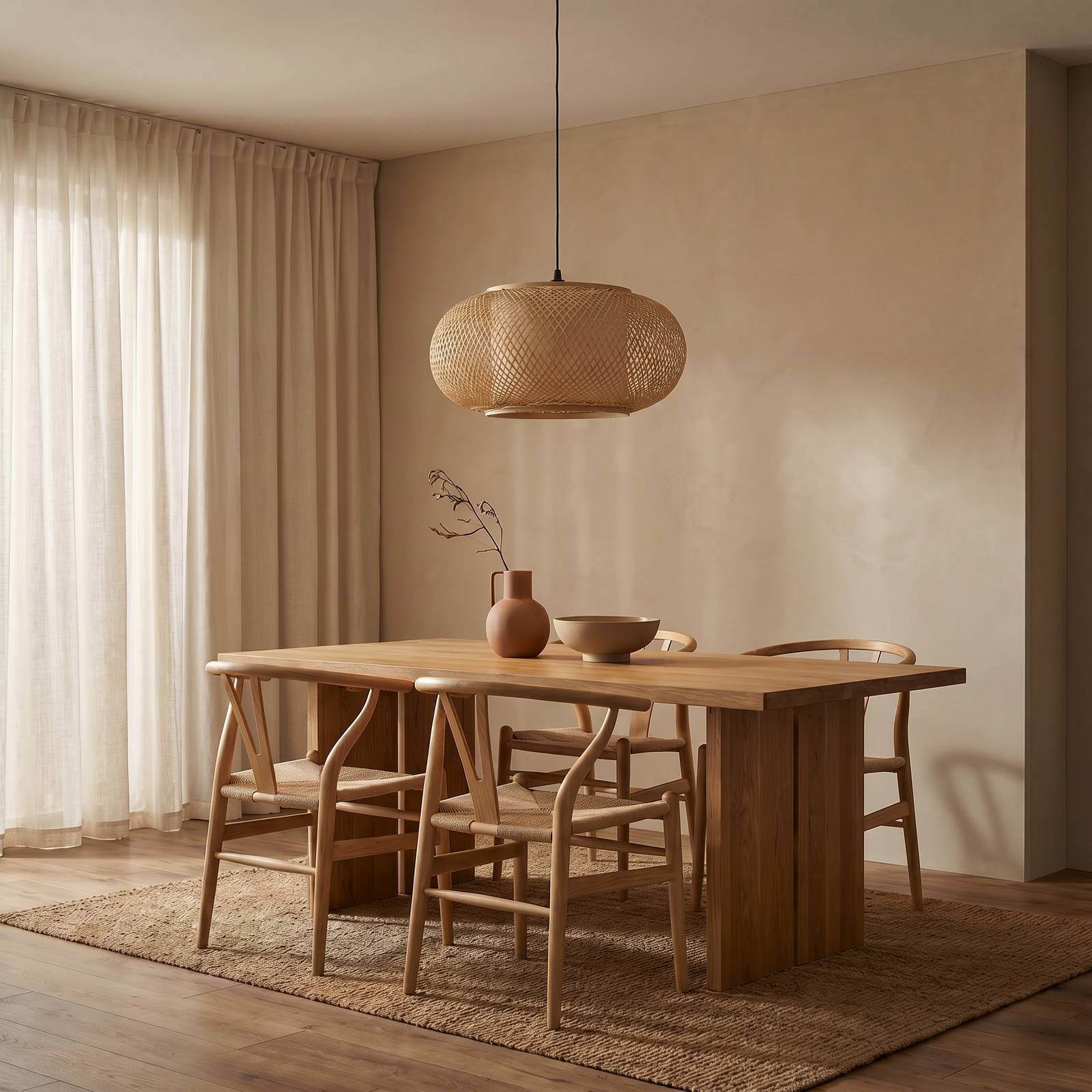 Żyrandol Lindby Romaine, kolor naturalny, Ø 50 cm, bambus, E27