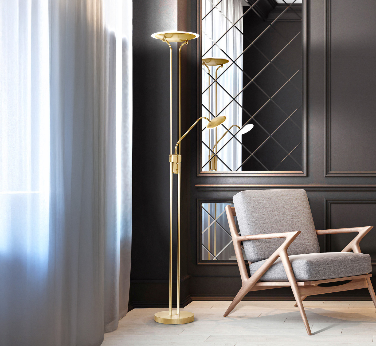 FISCHER & HONSEL Lampadar LED Tallri din alamă înălțime 180 cm 2 becuri CCT Touchdim - Camera de zi / sufragerie - Modern - Metal